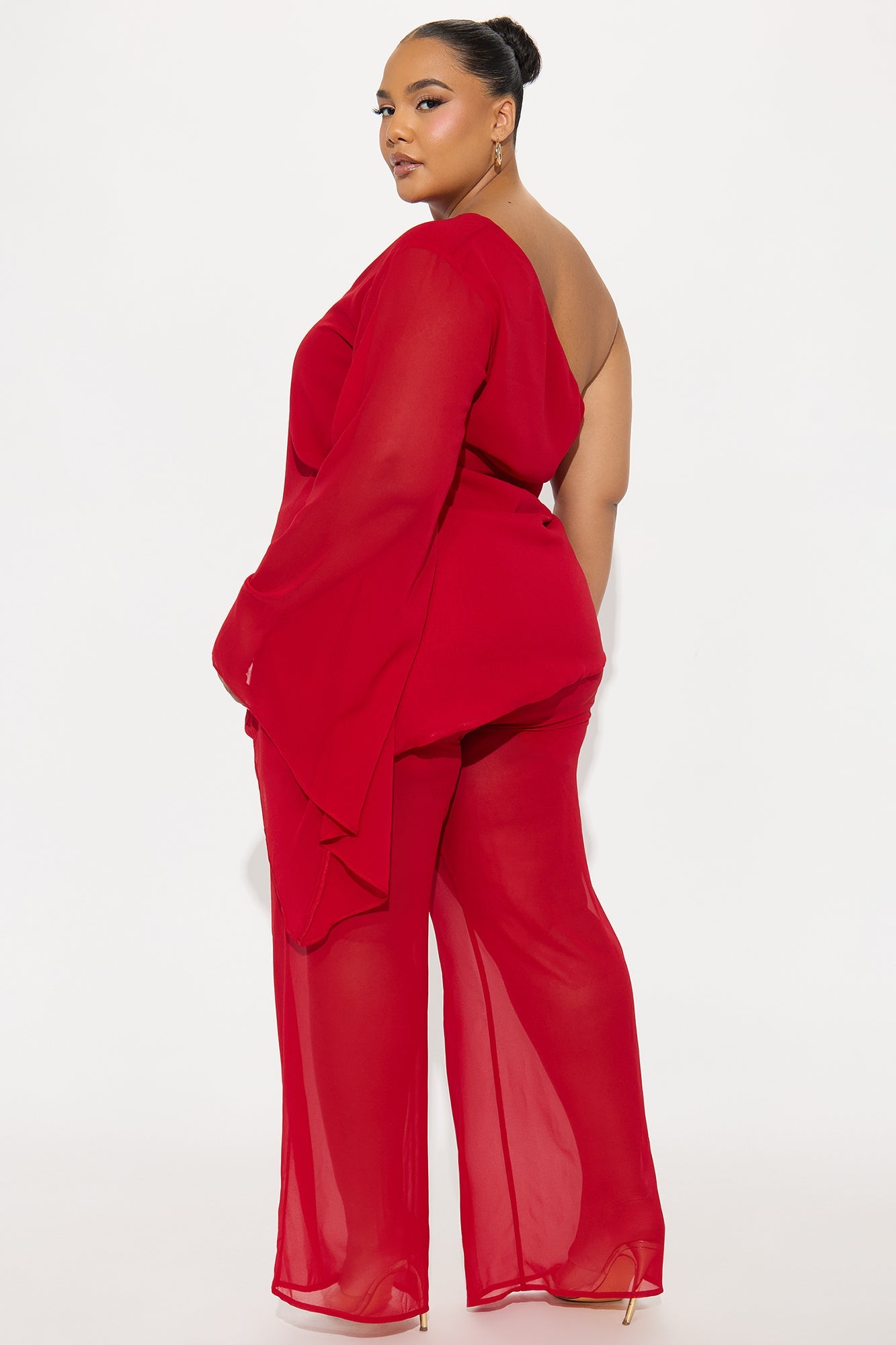 No Hard Feelings One Shoulder Chiffon Pant Set - Red 