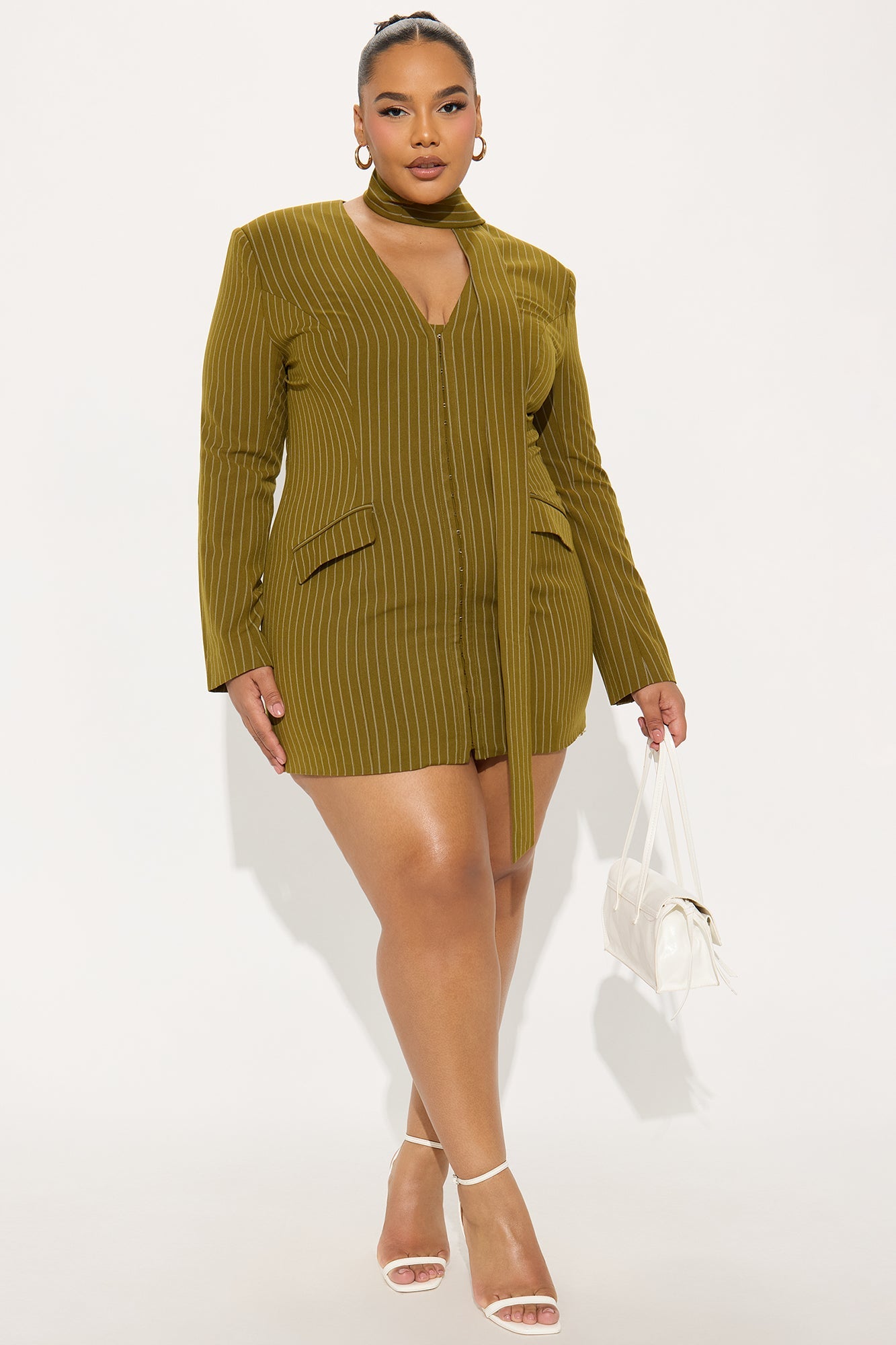 Aniyah Pinstripe Blazer Mini Dress - Olive/combo