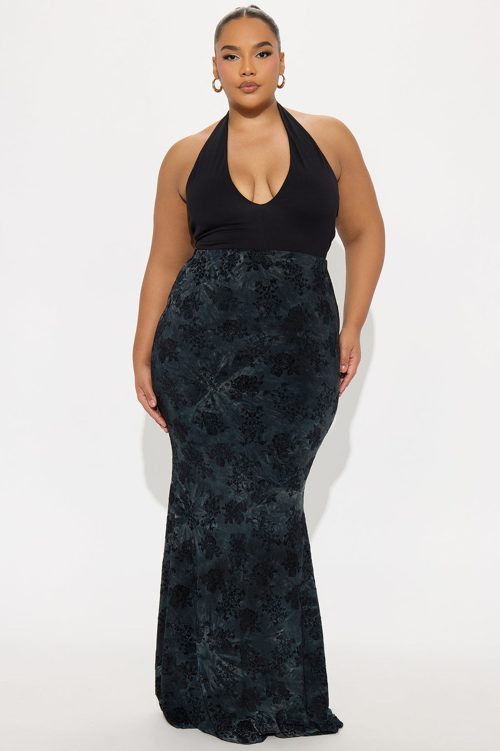 Winter Romance Flocked Velvet Floral Maxi Skirt - Teal
