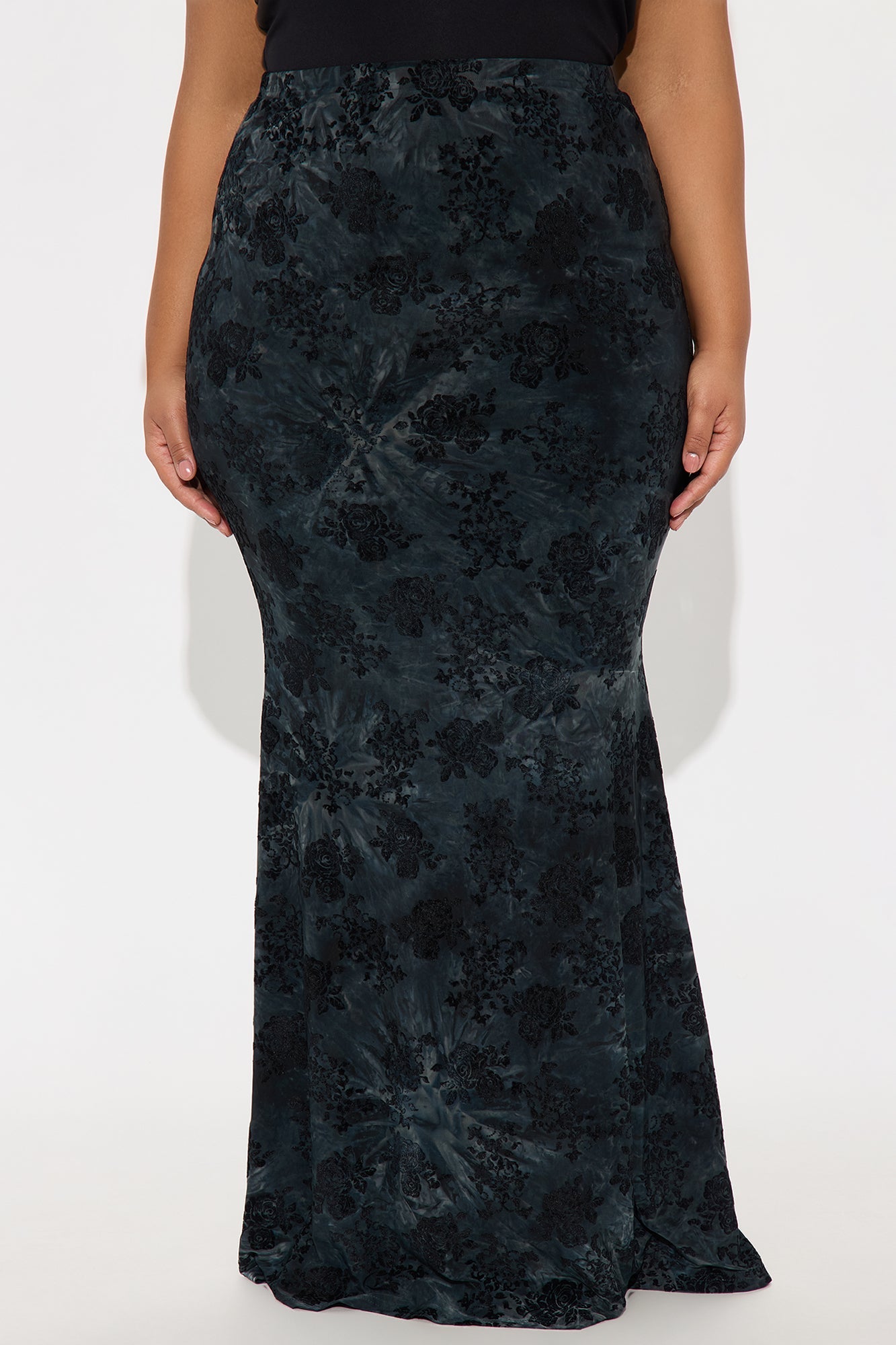 Winter Romance Flocked Velvet Floral Maxi Skirt - Teal