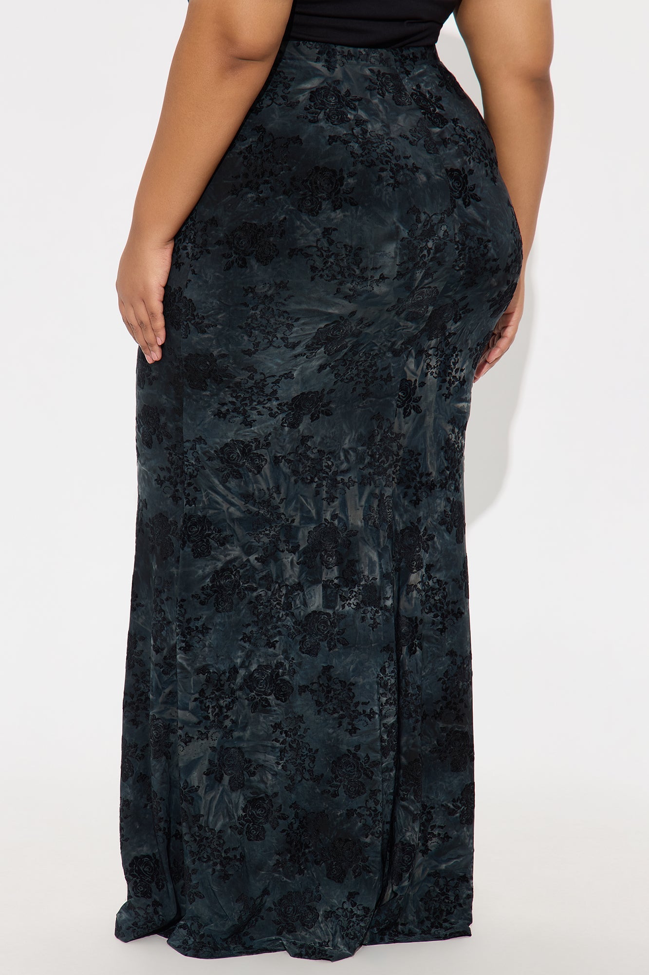 Winter Romance Flocked Velvet Floral Maxi Skirt - Teal