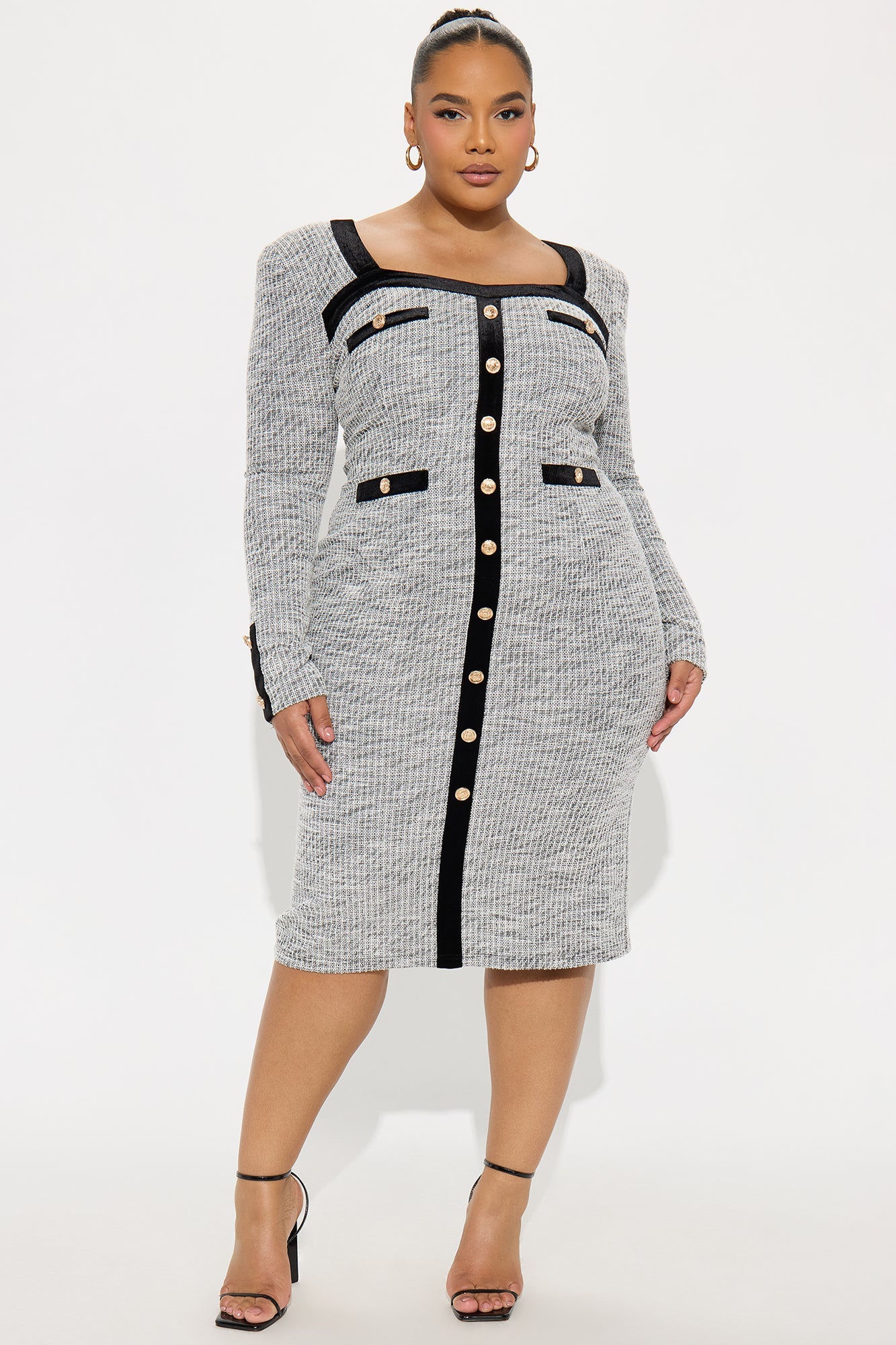 Breanne Long Sleeve Tweed Midi Dress - Black/White