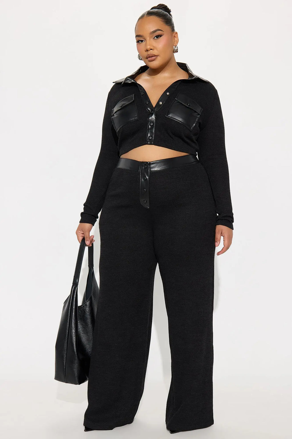 Elonna Faux Leather Trim Pant Set - Black 