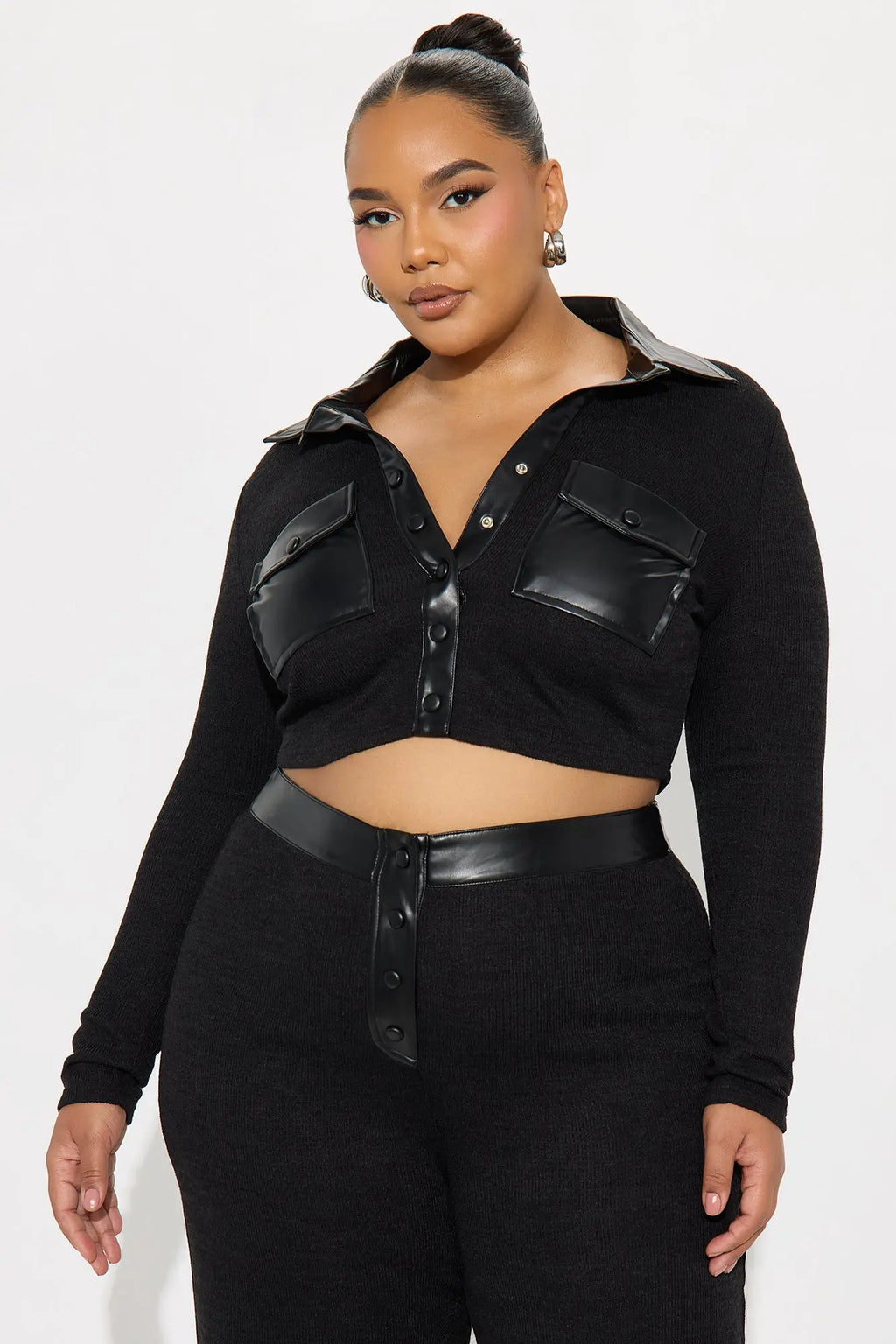 Elonna Faux Leather Trim Pant Set - Black 