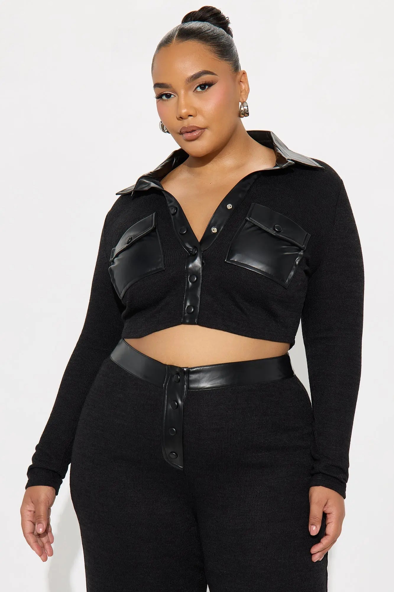 Elonna Faux Leather Trim Pant Set - Black 