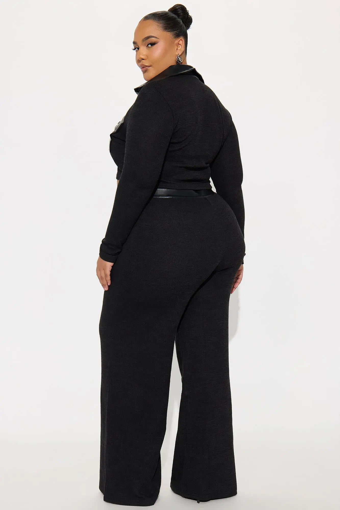 Elonna Faux Leather Trim Pant Set - Black 