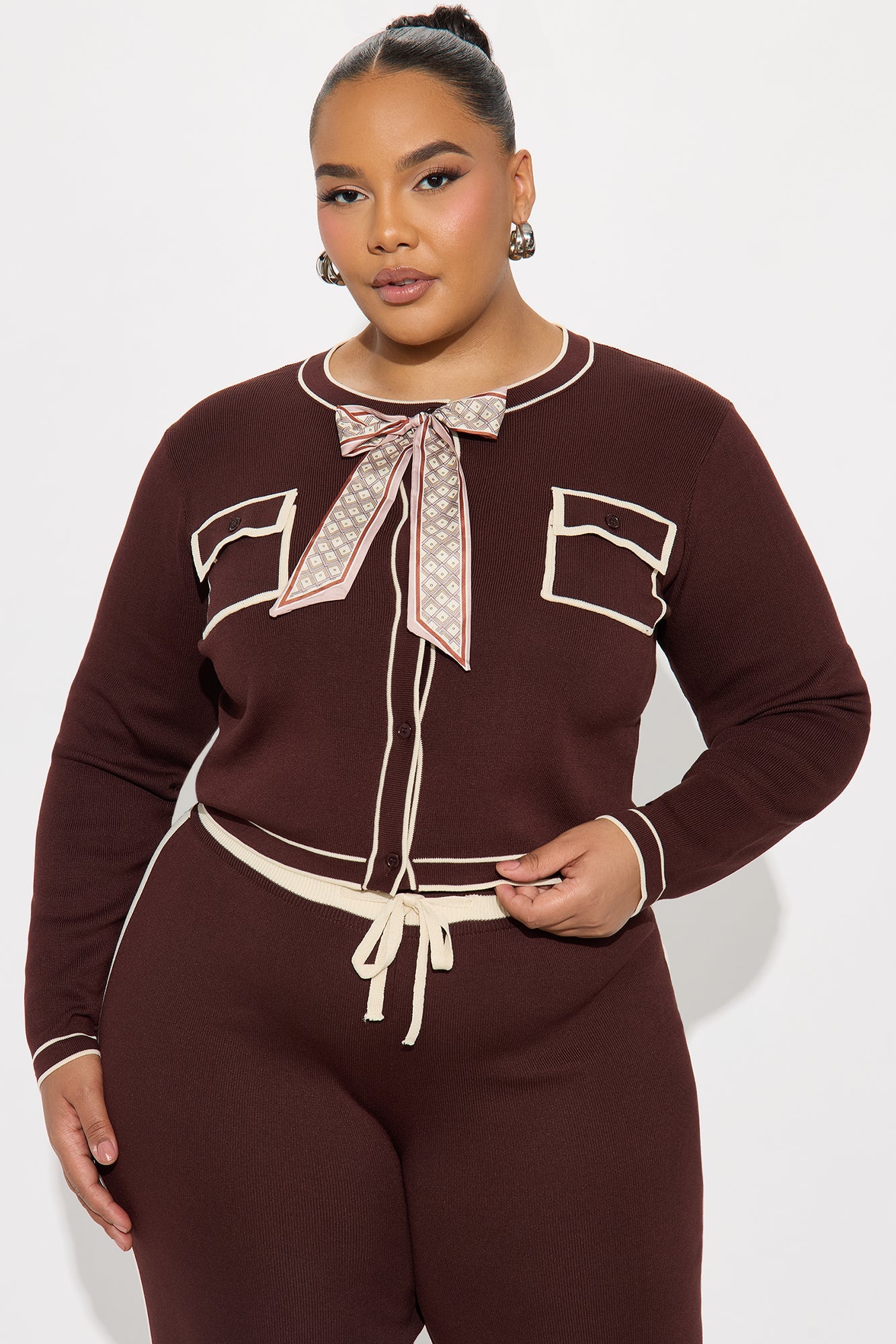 Emma Contrast Trim Sweater Set - Chocolate