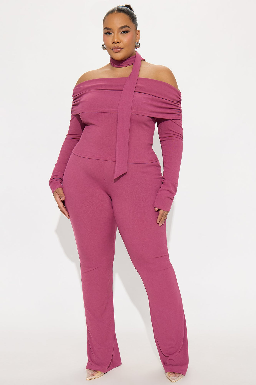 Ella Scarf Off Shoulder 3 Piece Pant Set - Magenta