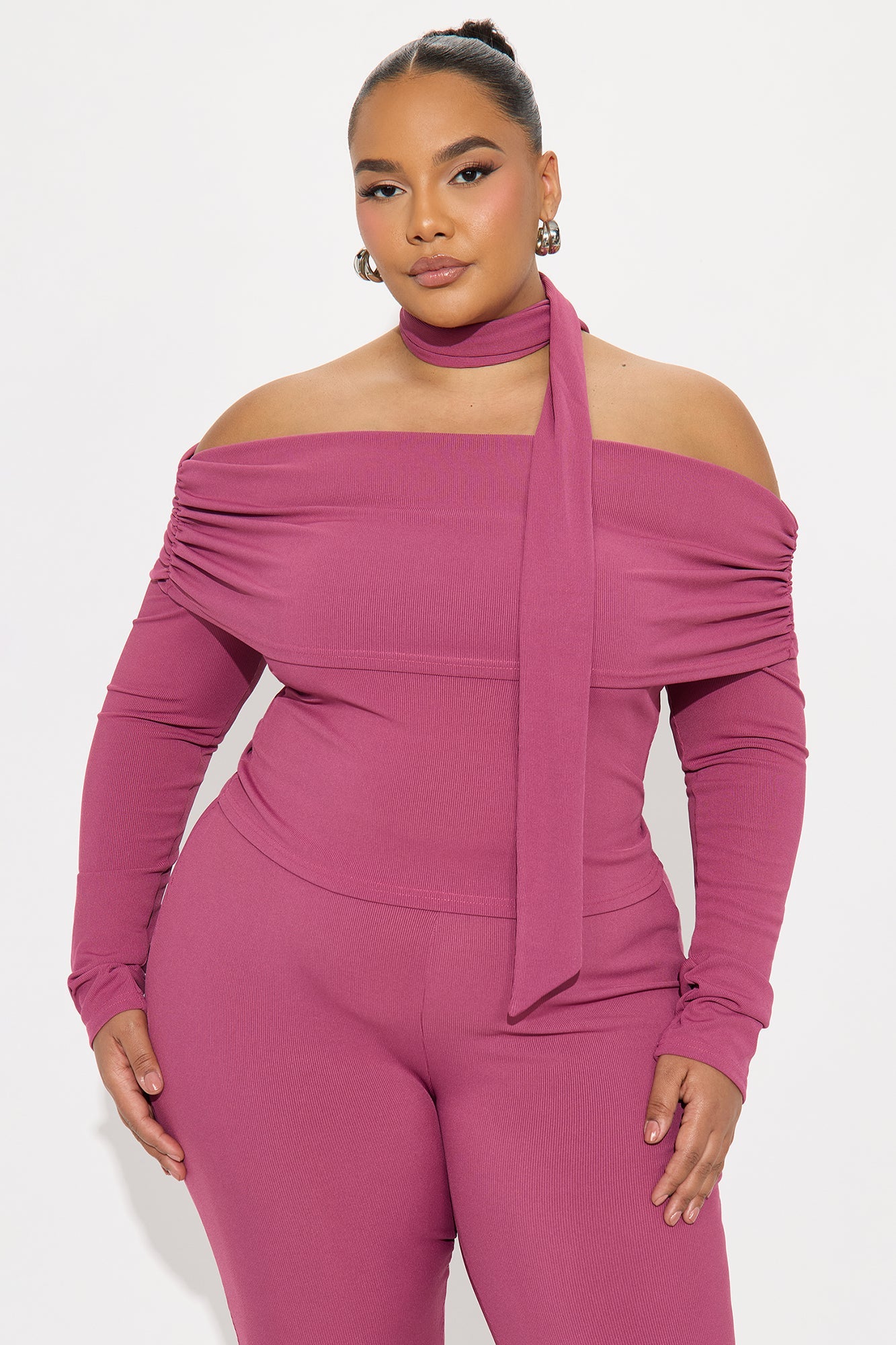 Ella Scarf Off Shoulder 3 Piece Pant Set - Magenta