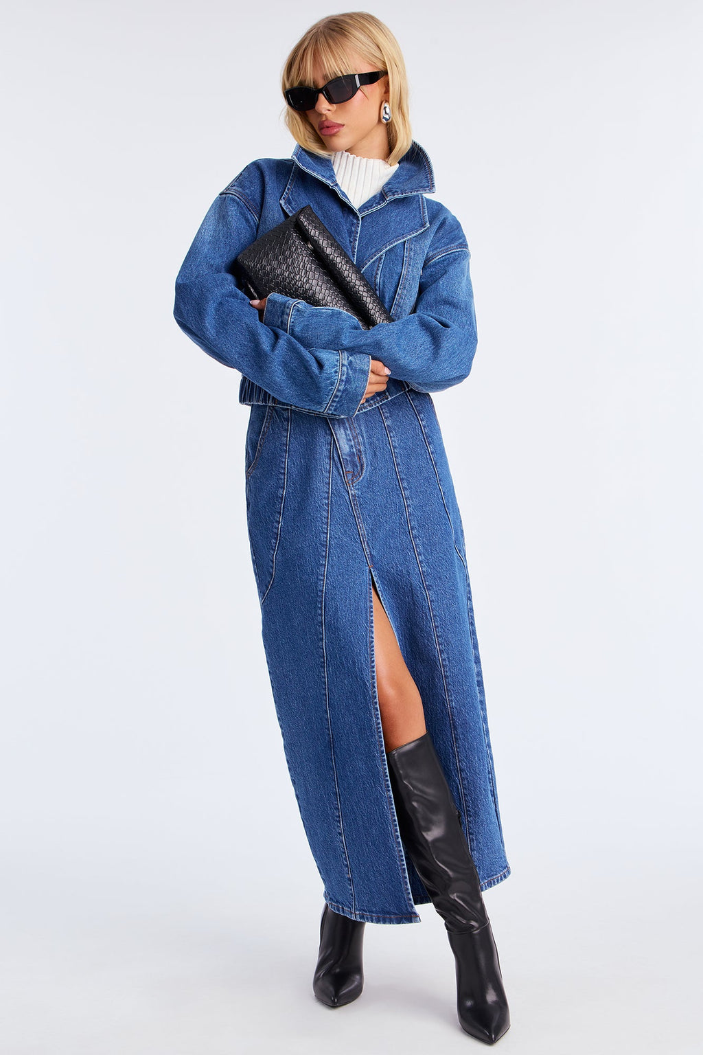 Penny Front Slit Denim Maxi Skirt - Medium Wash