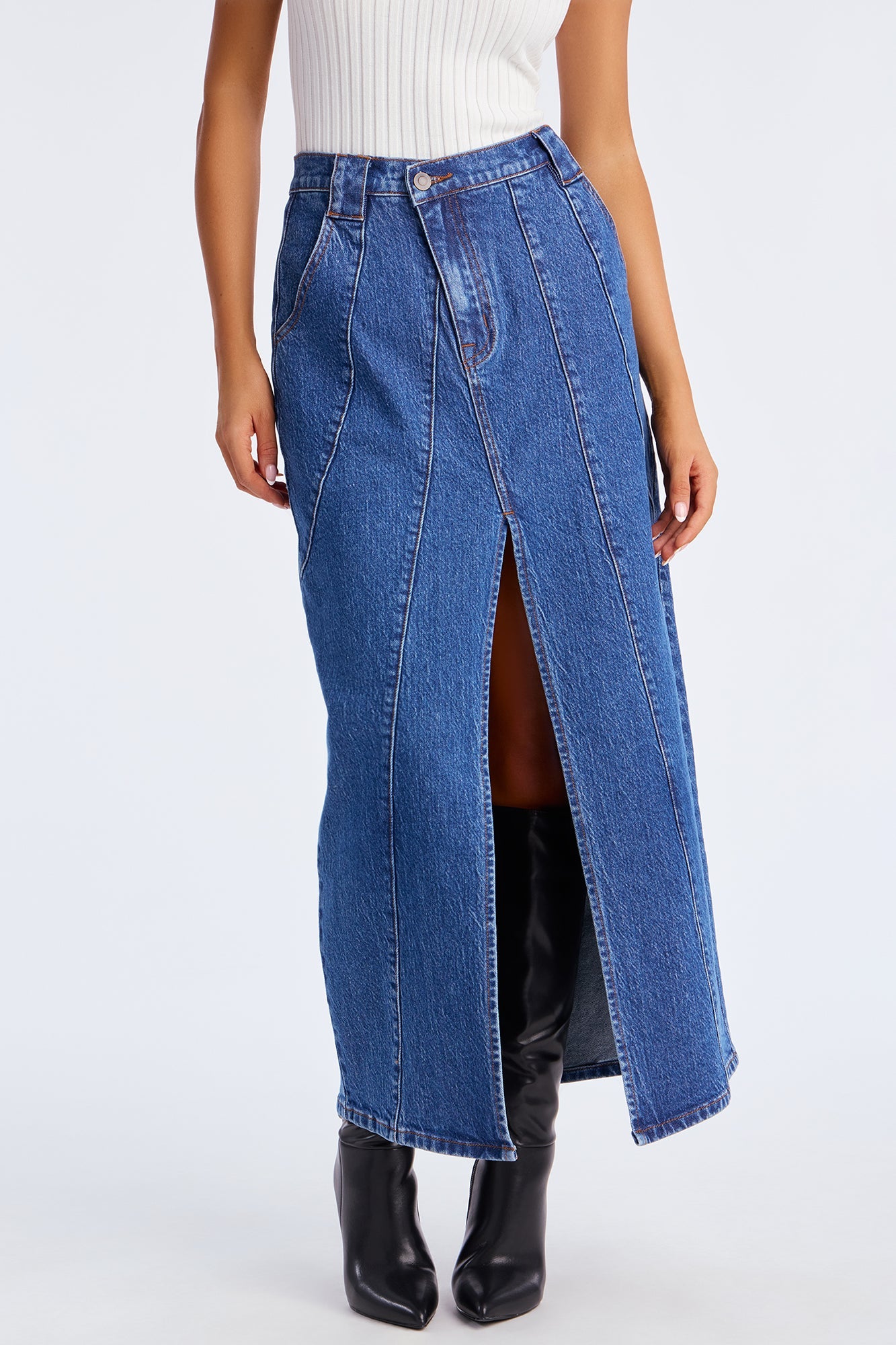 Penny Front Slit Denim Maxi Skirt - Medium Wash