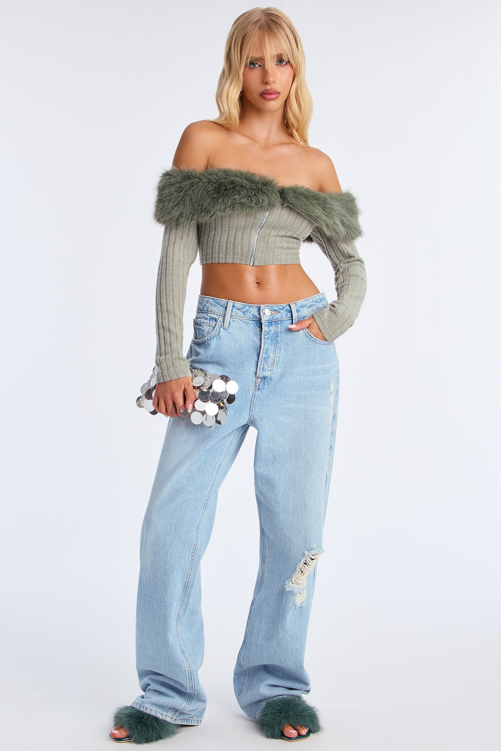 Break It Up Faux Fur Trim Off Shoulder Top - Sage