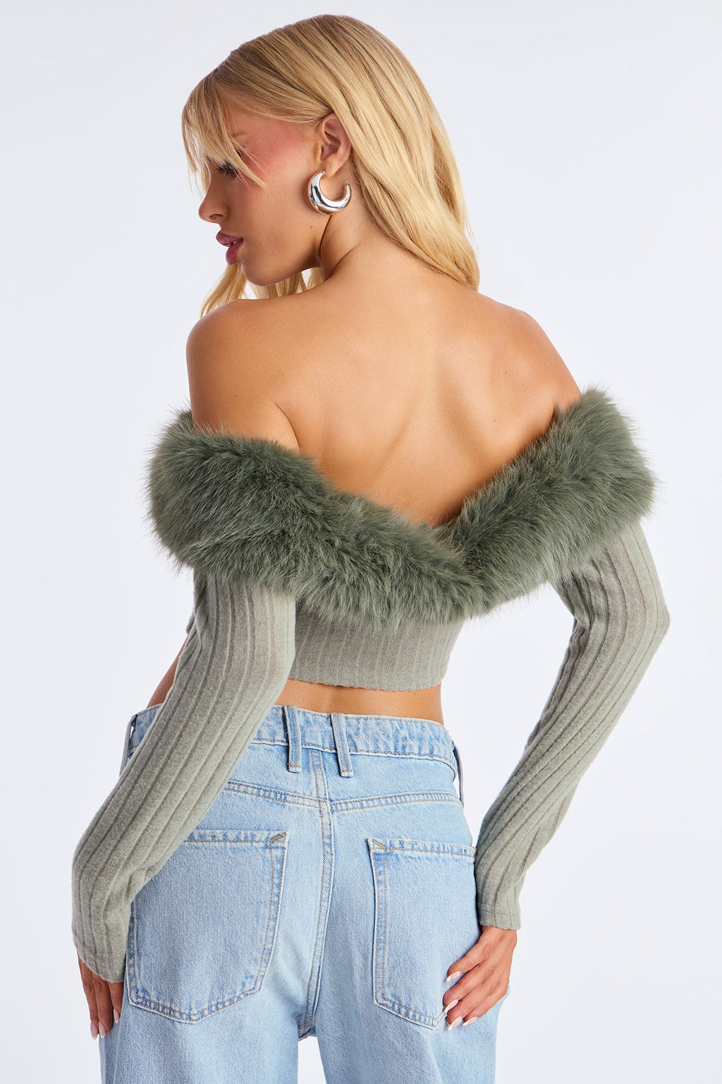 Break It Up Faux Fur Trim Off Shoulder Top - Sage