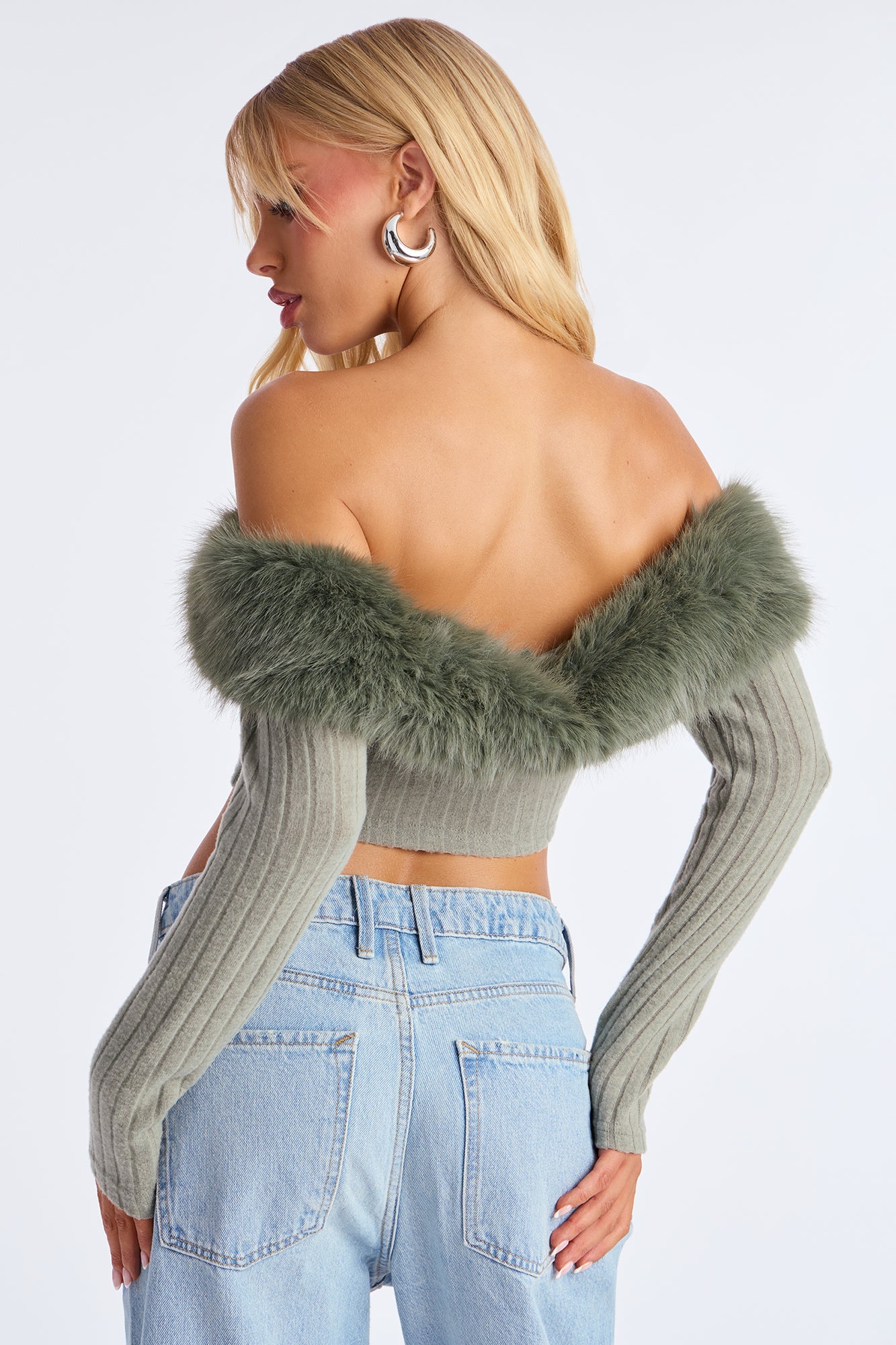 Break It Up Faux Fur Trim Off Shoulder Top - Sage