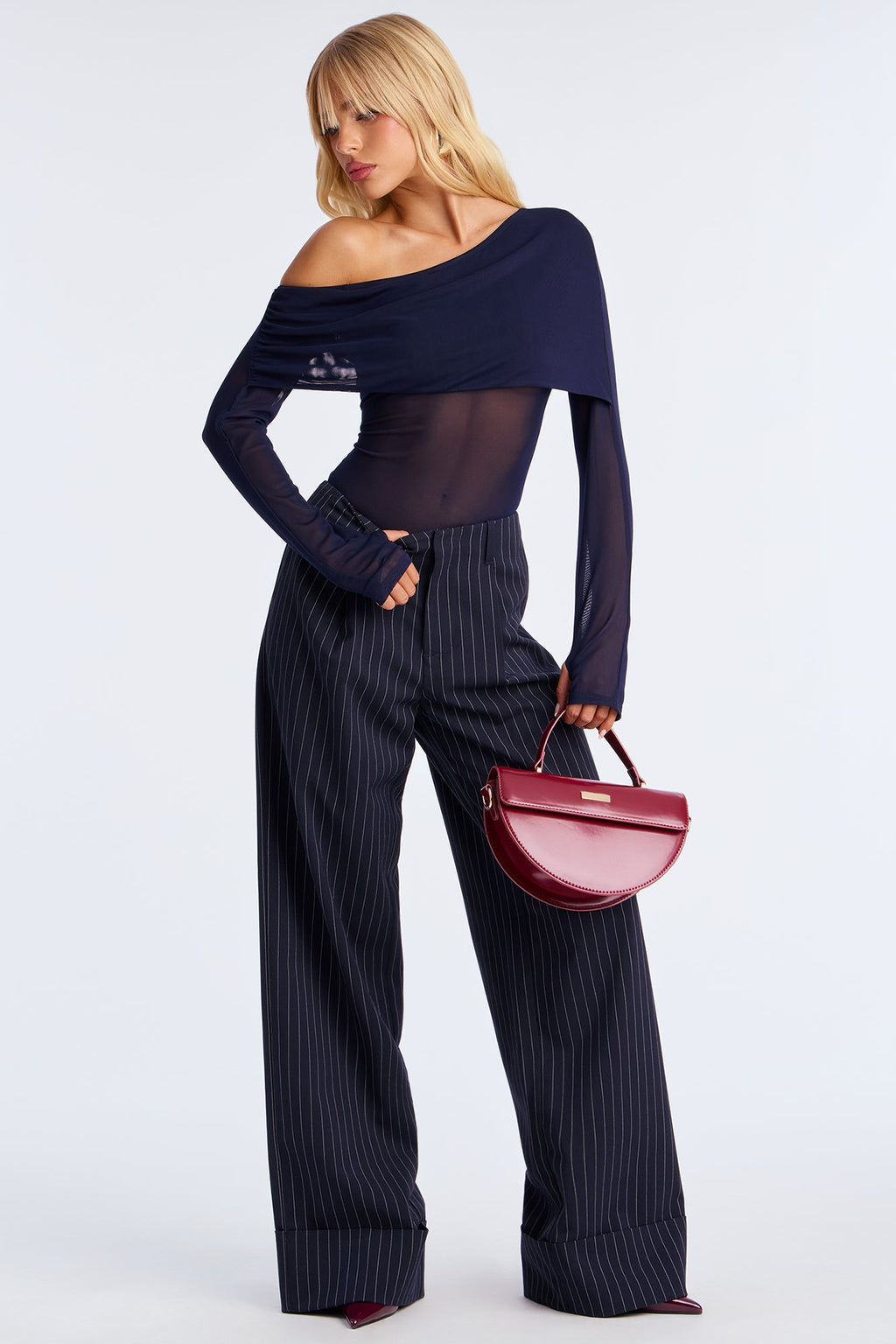 Yuri Draped Off Mesh Bodysuit - Navy