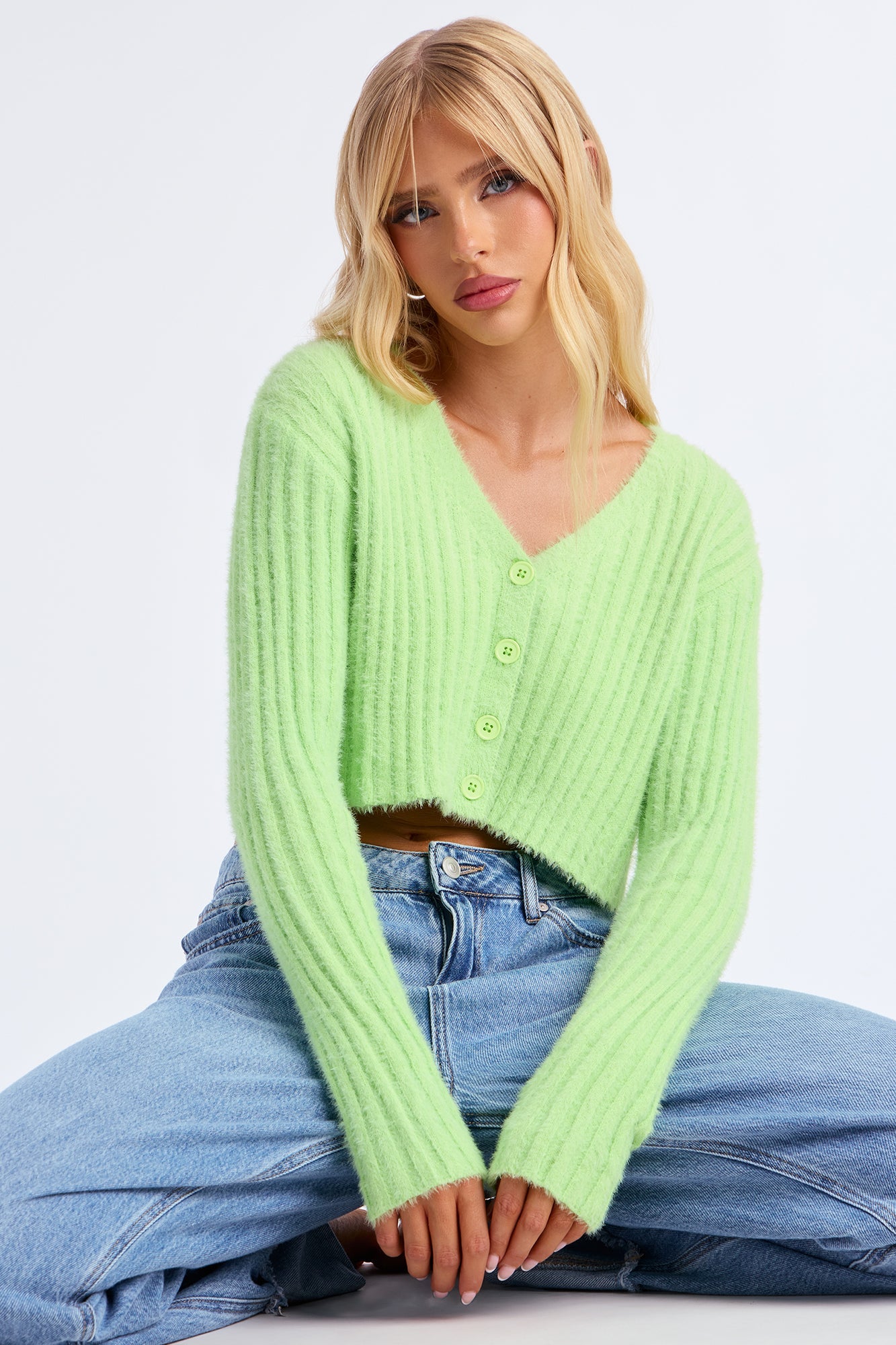 Make It Fun Cropped Fuzzy Cardigan - Lime