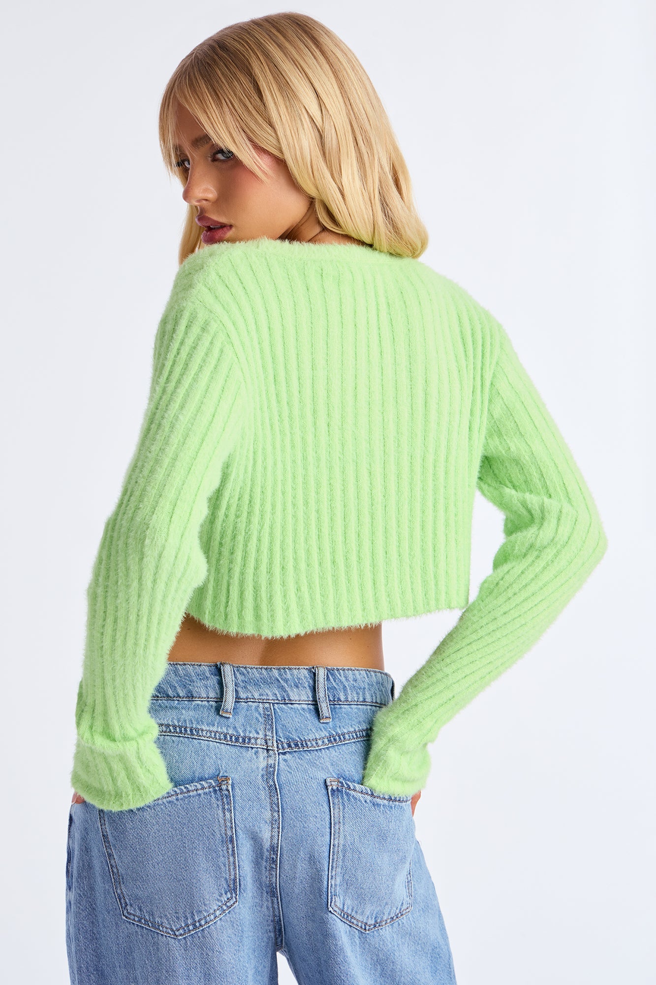 Make It Fun Cropped Fuzzy Cardigan - Lime