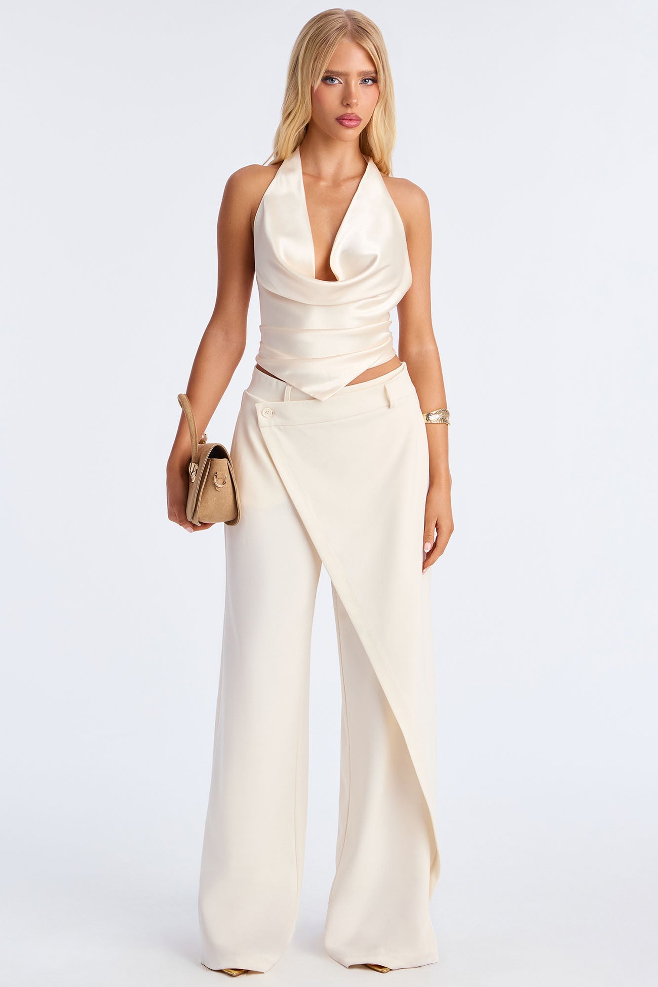 Cara Satin Cowl Neck Halter Top - Cream