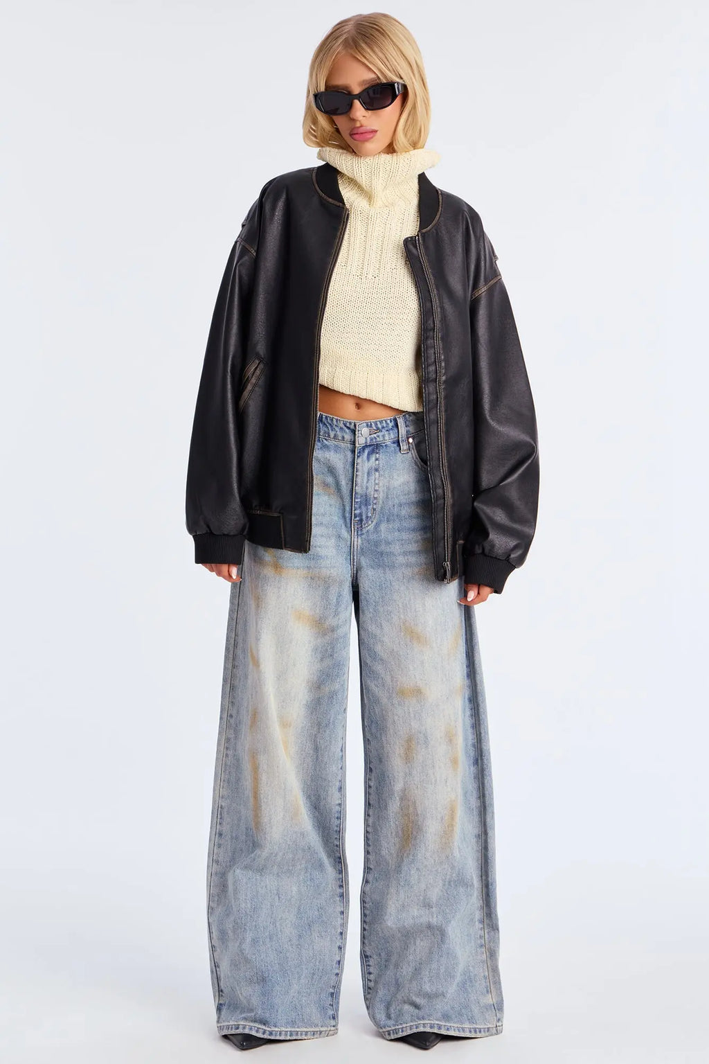 Adriana Faux Leather Bomber Jacket - Black 