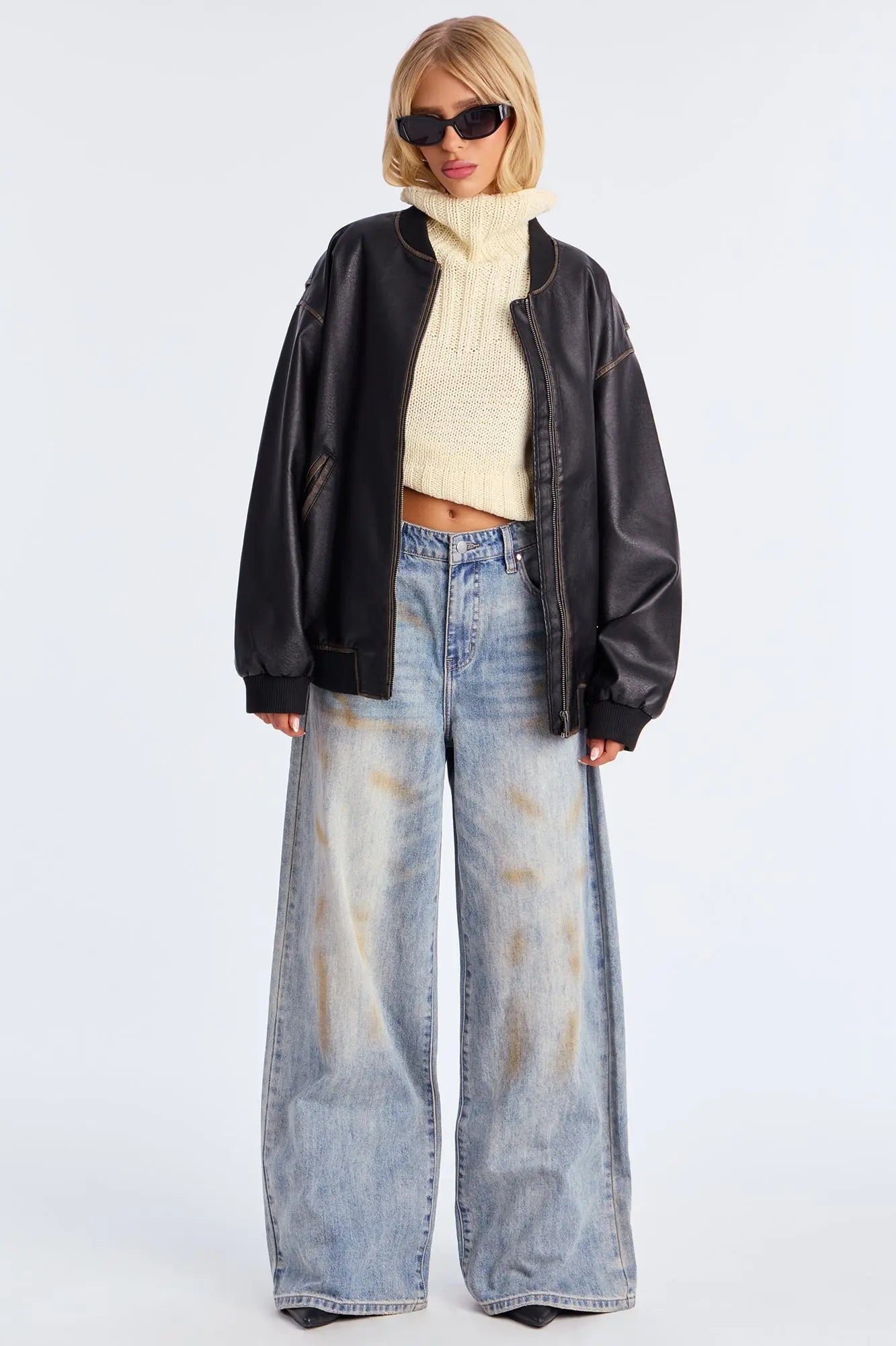 Adriana Faux Leather Bomber Jacket - Black 