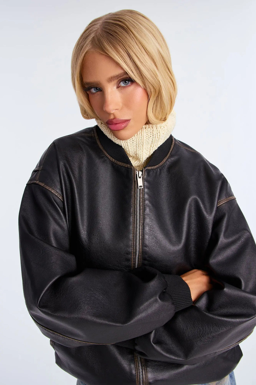 Adriana Faux Leather Bomber Jacket - Black 