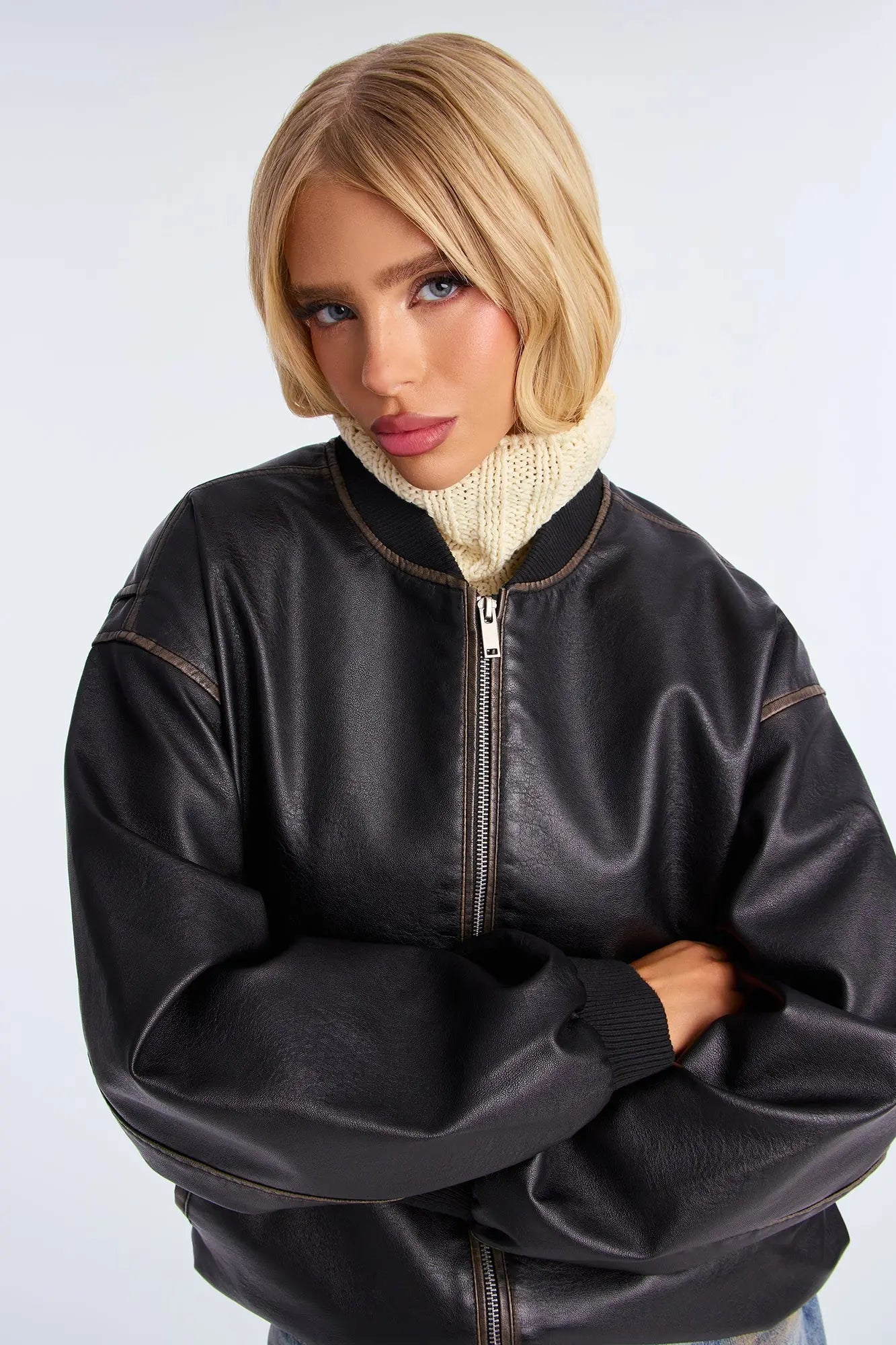 Adriana Faux Leather Bomber Jacket - Black 