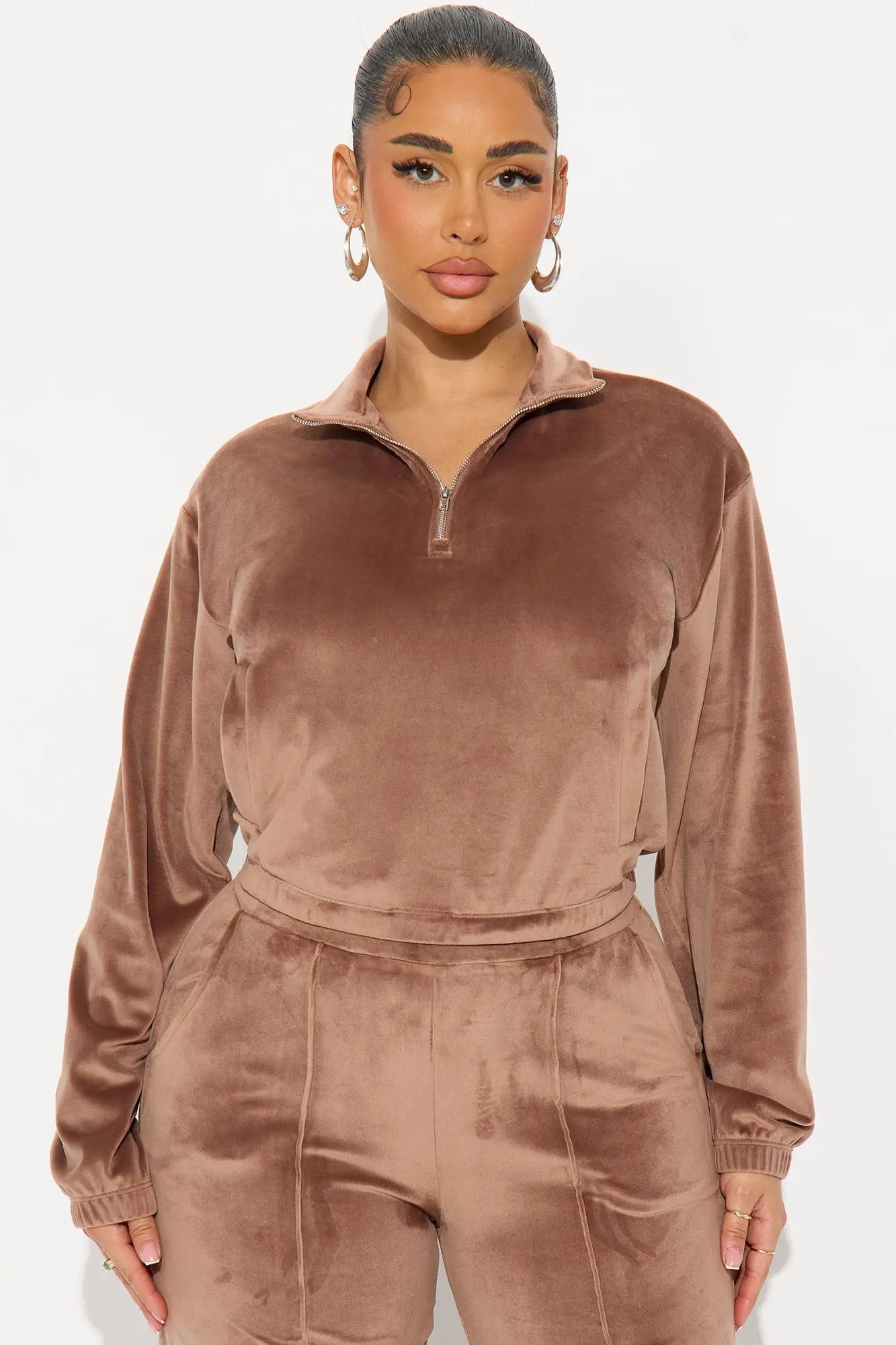 Pause For Now Quarter Zip Velour Pant Set - Brown 