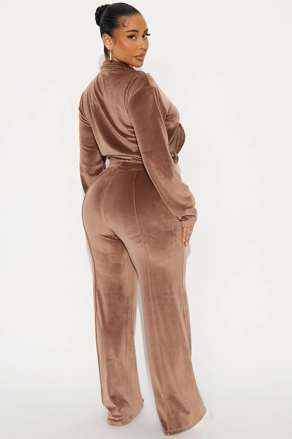 Pause For Now Quarter Zip Velour Pant Set - Brown 
