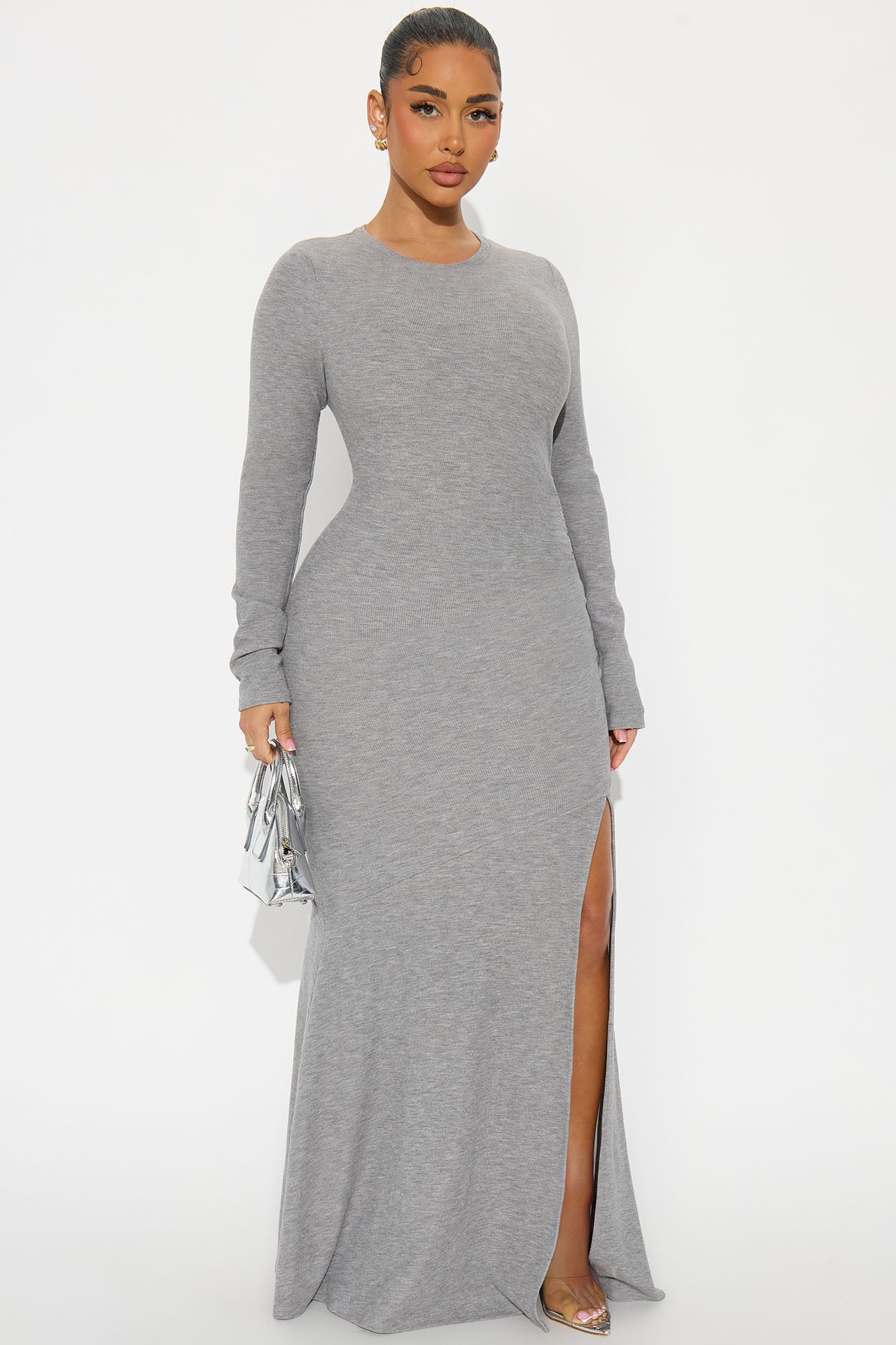 Kayla Ruched Long Sleeve Maxi Dress - Heathered Grey