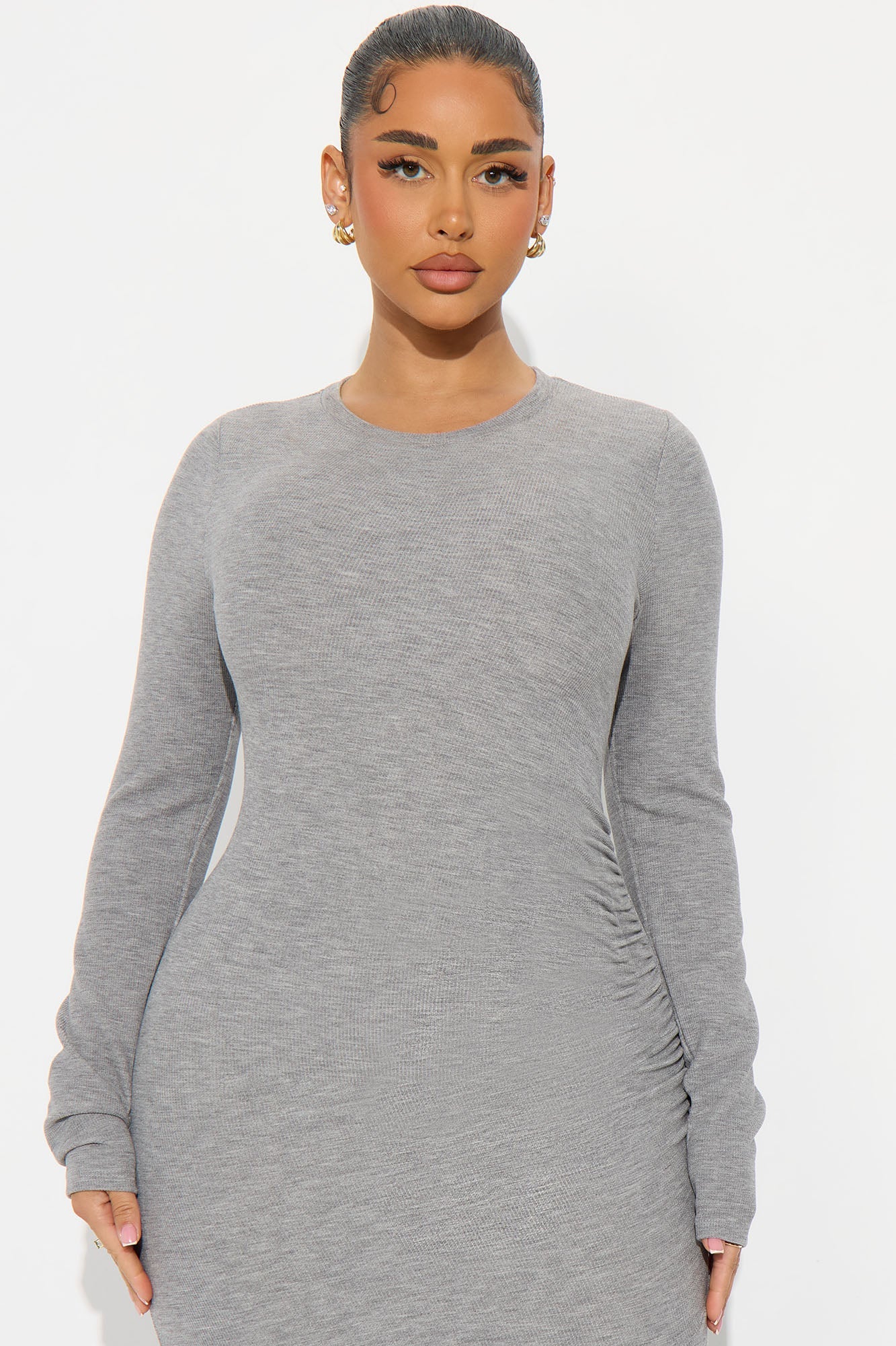 Kayla Ruched Long Sleeve Maxi Dress - Heathered Grey