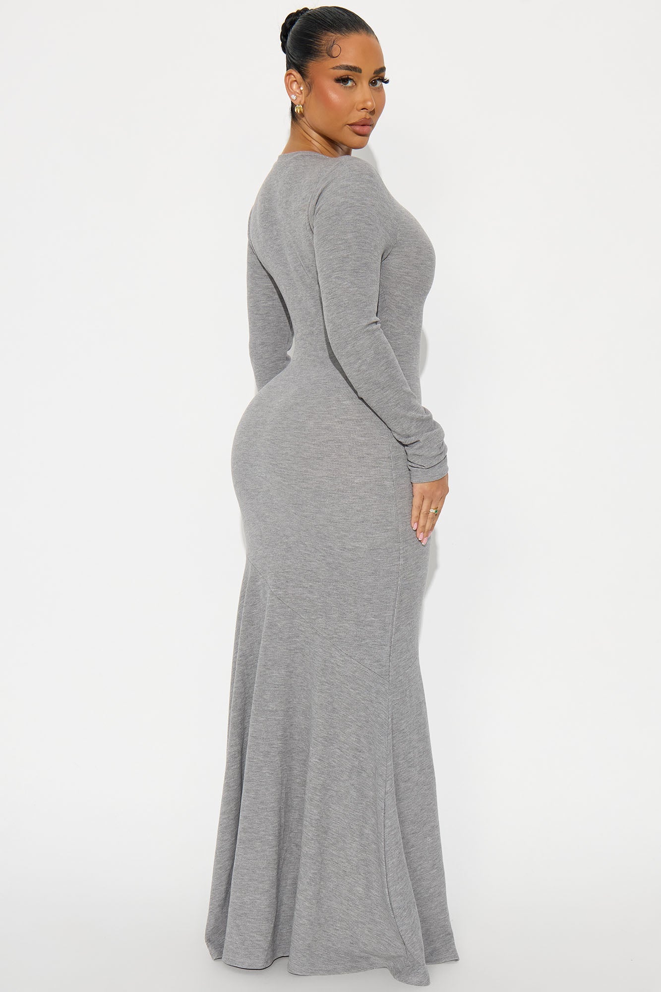 Kayla Ruched Long Sleeve Maxi Dress - Heathered Grey