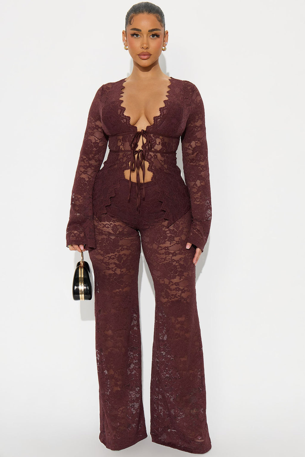 Karla Lace Wide Leg Pant Set - Brown 