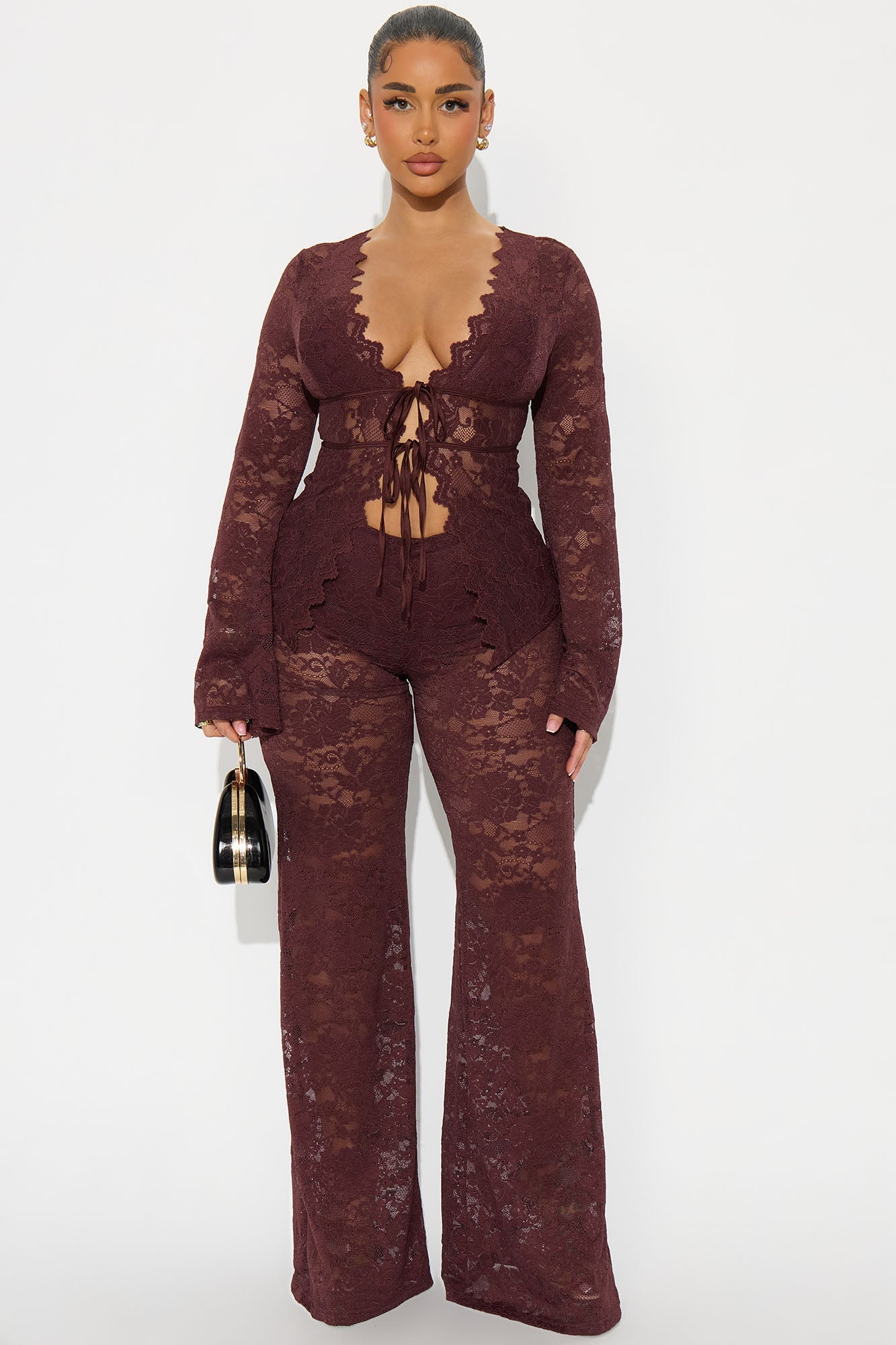 Karla Lace Wide Leg Pant Set - Brown 
