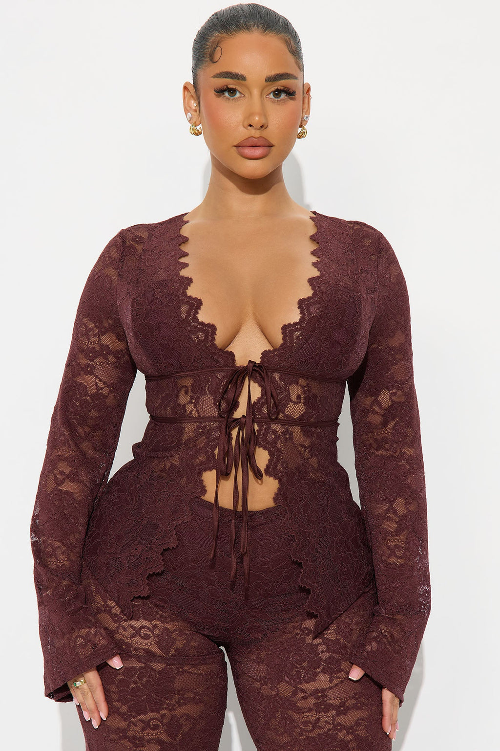 Karla Lace Wide Leg Pant Set - Brown 