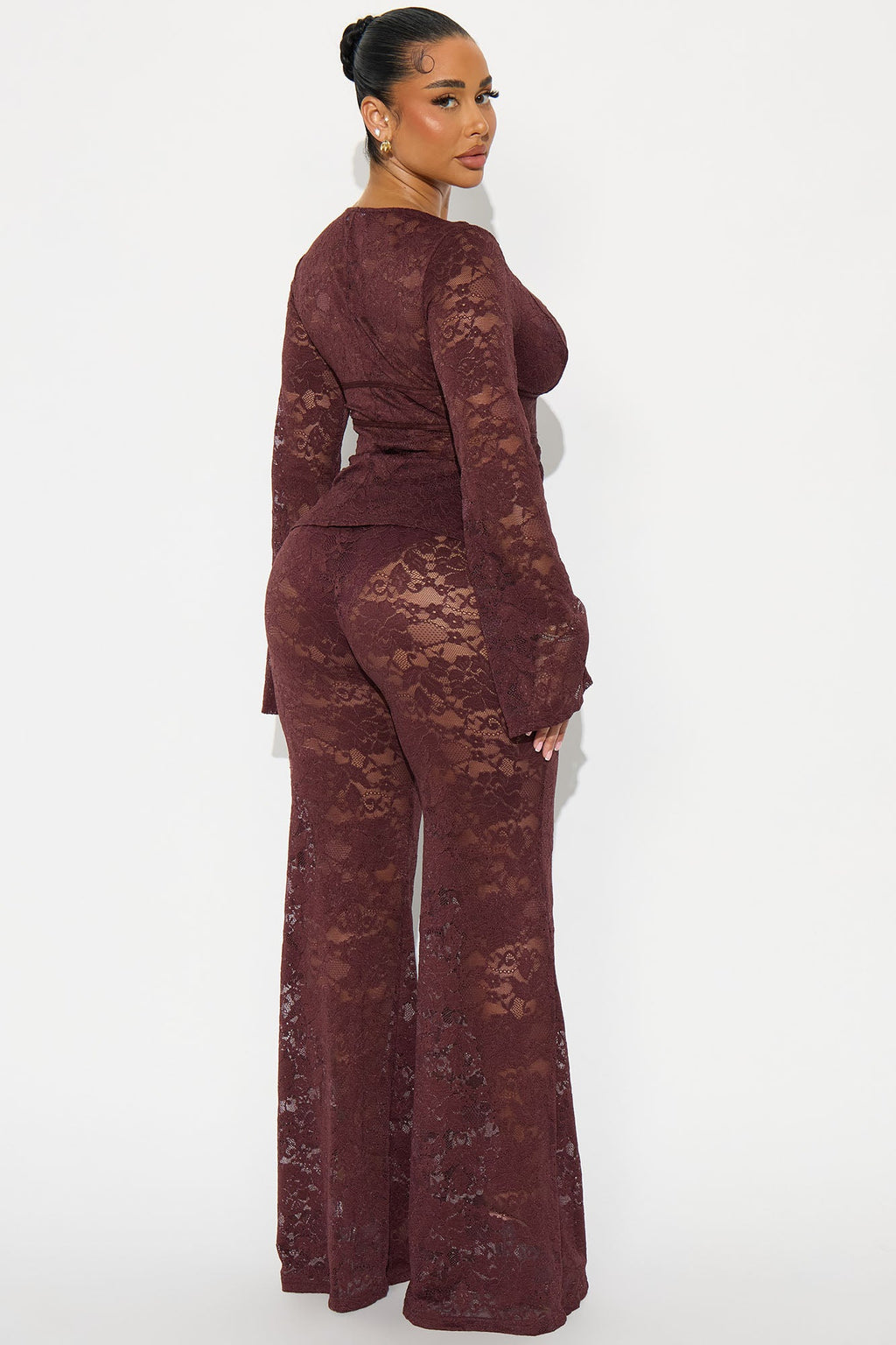 Karla Lace Wide Leg Pant Set - Brown 