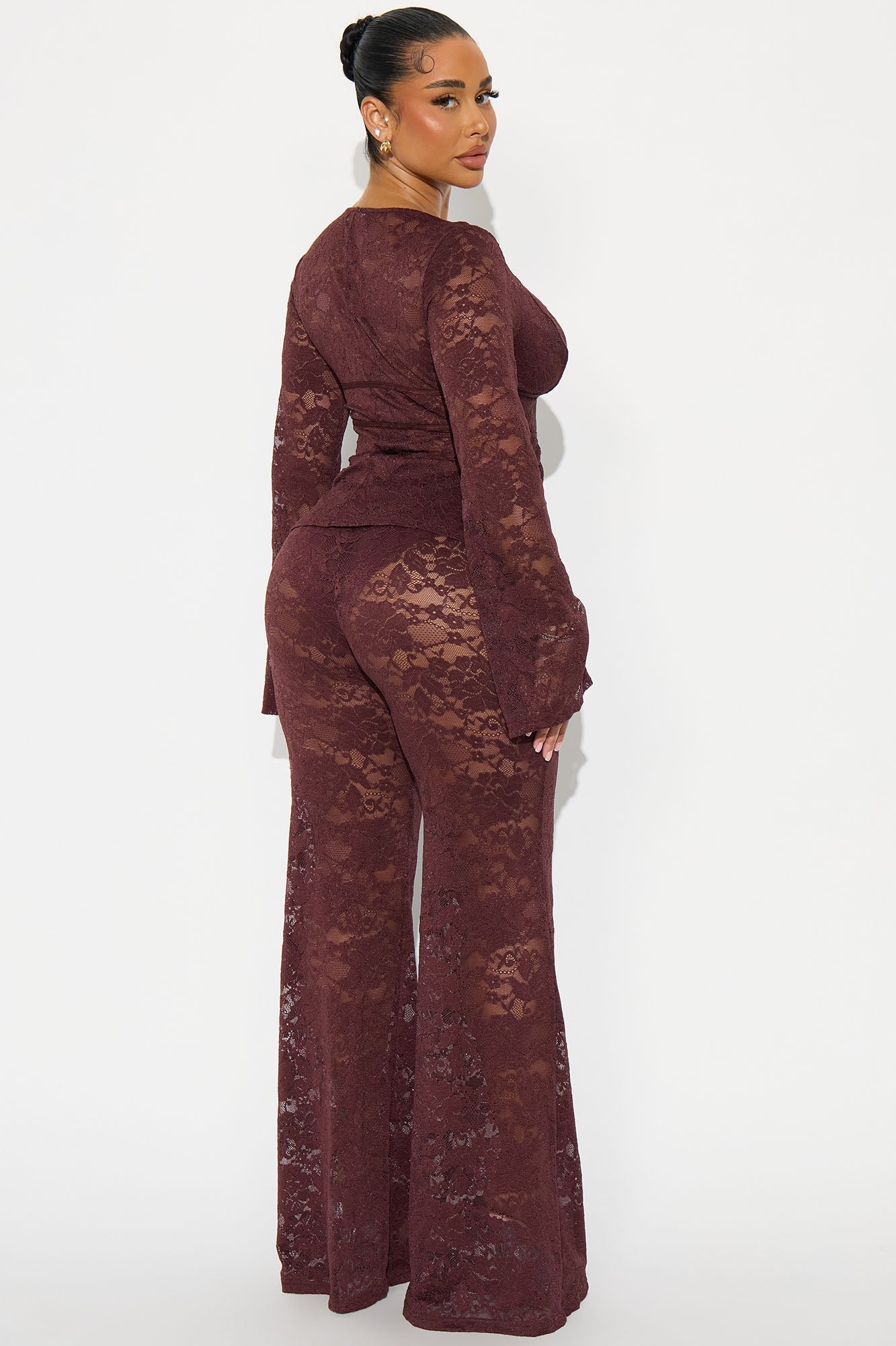 Karla Lace Wide Leg Pant Set - Brown 