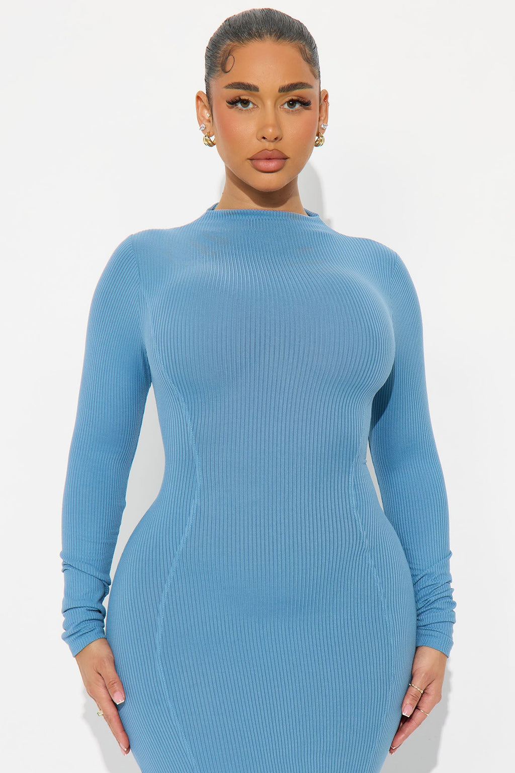 Grace Long Sleeve Ribbed Midi Dress - Blue