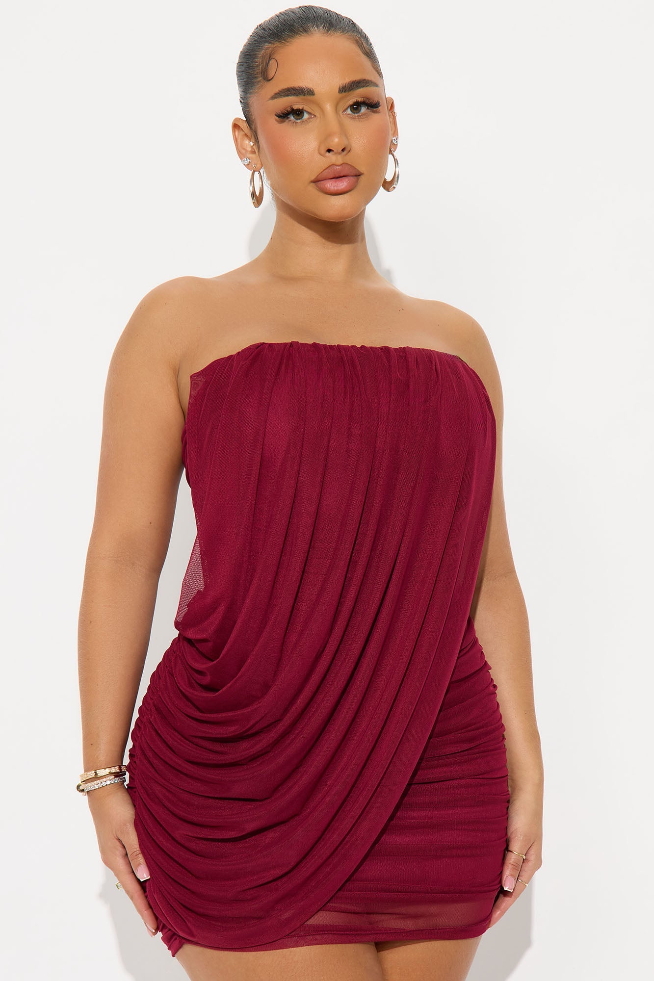 Novelle Strapless Ruched Mini Dress - Burgundy