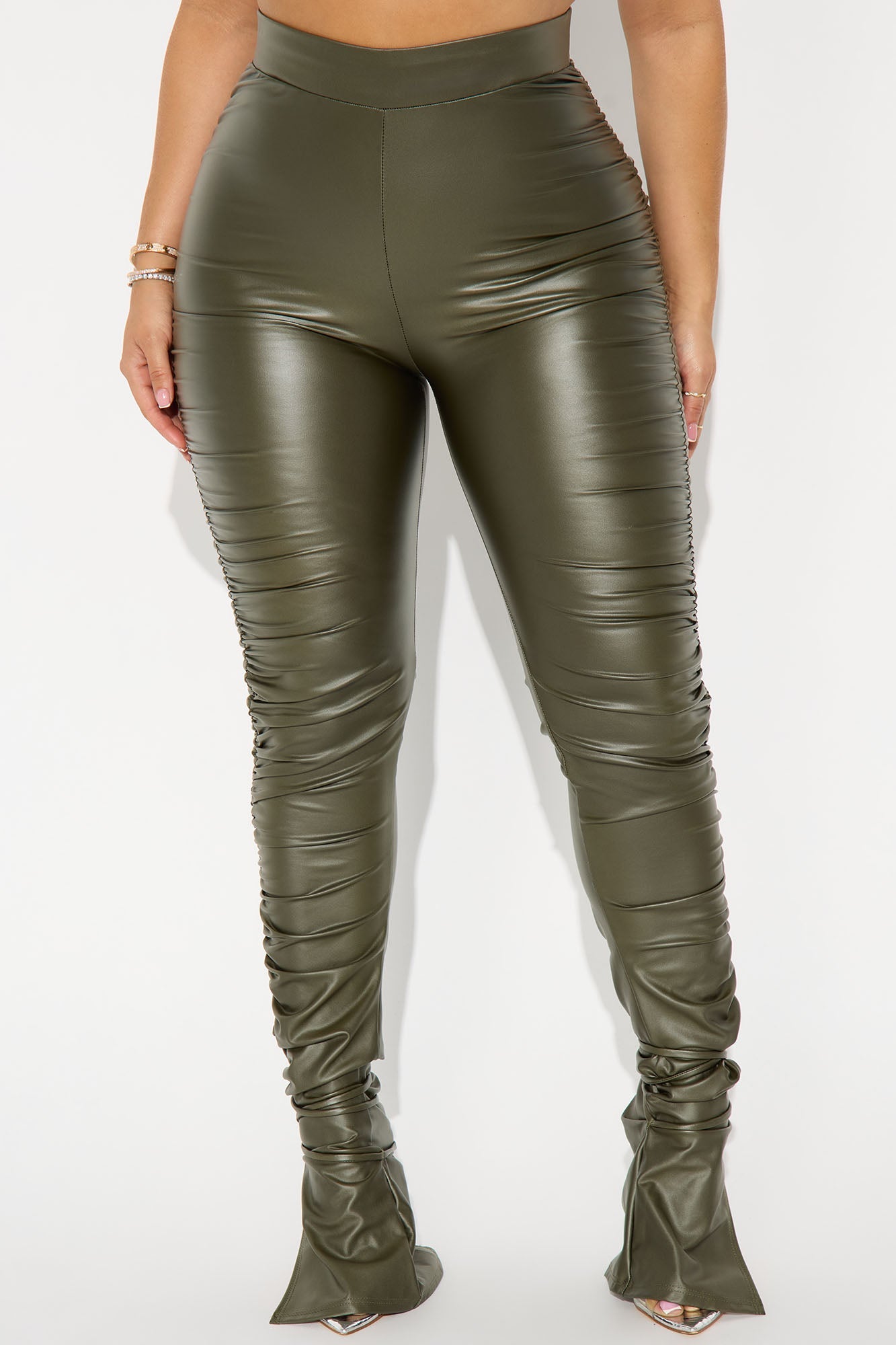 Heat Wave Faux Leather Stacked Pants - Olive 