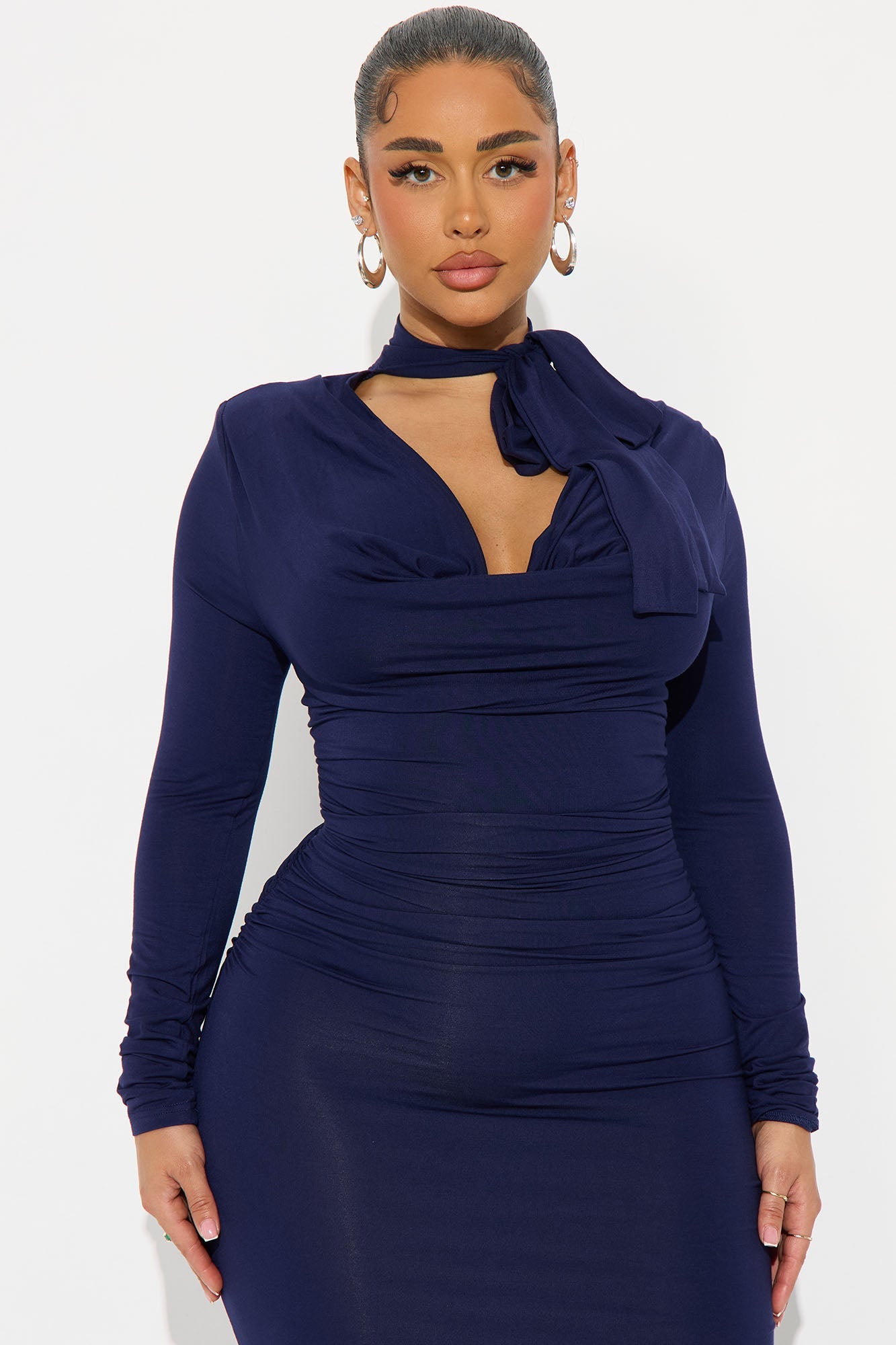 On Rehearsal Long Sleeve Cowl Neck Midi Dress - Navy