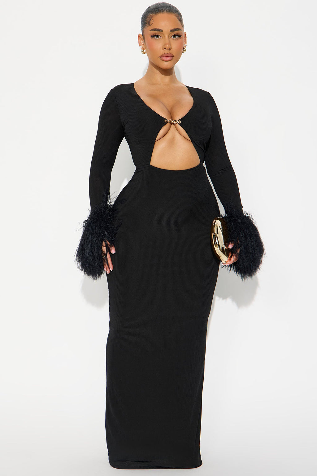 Fuzzy Chic Ribbed Maxi Dress - Black/Black