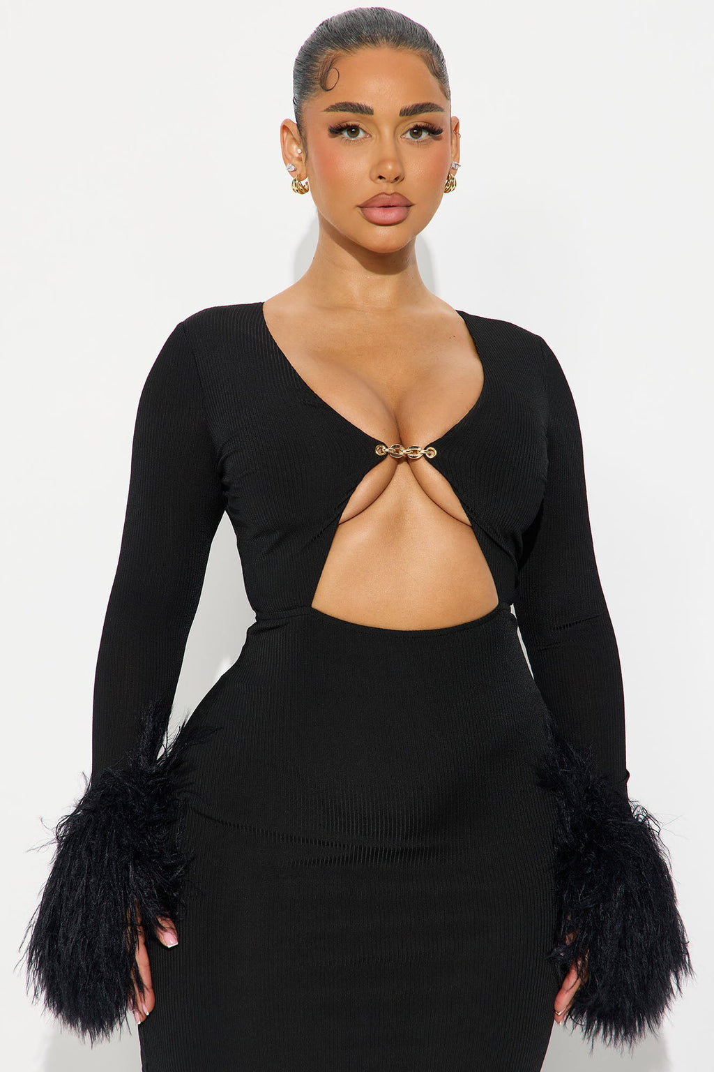 Fuzzy Chic Ribbed Maxi Dress - Black/Black