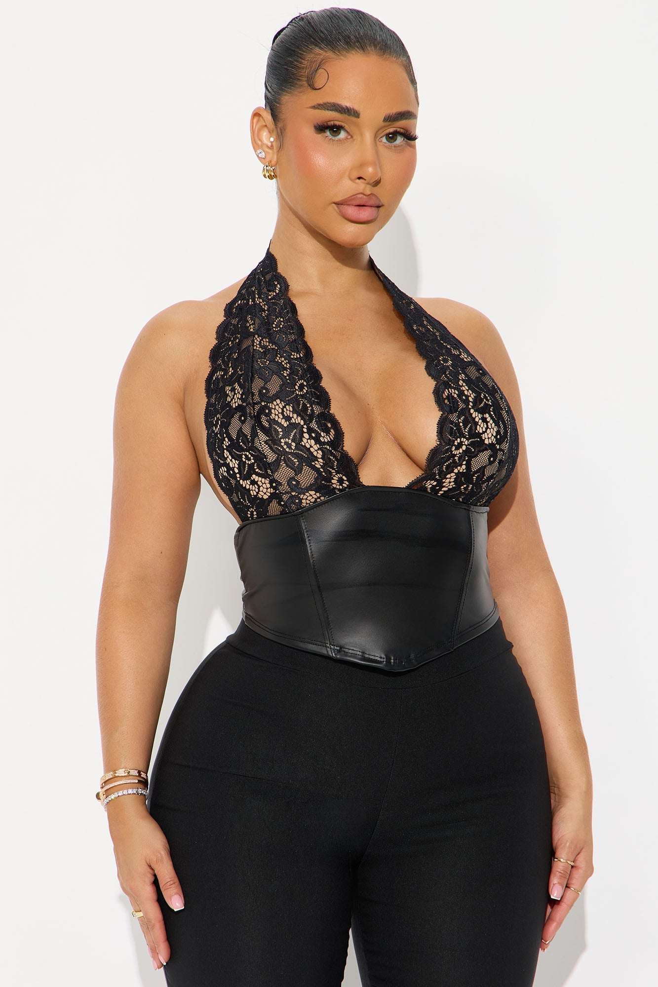 Santina Faux Leather Halter Top - Black
