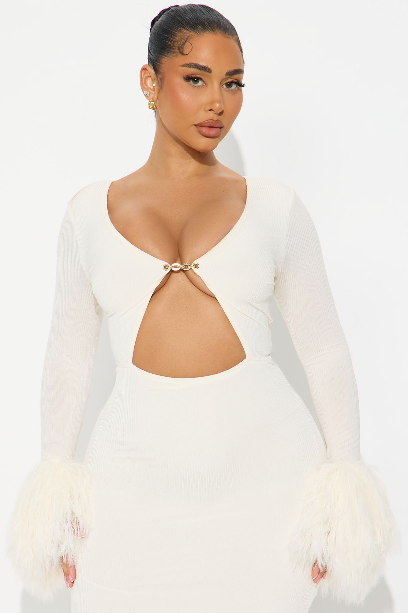 Fuzzy Chic Ribbed Maxi Dress - Cream