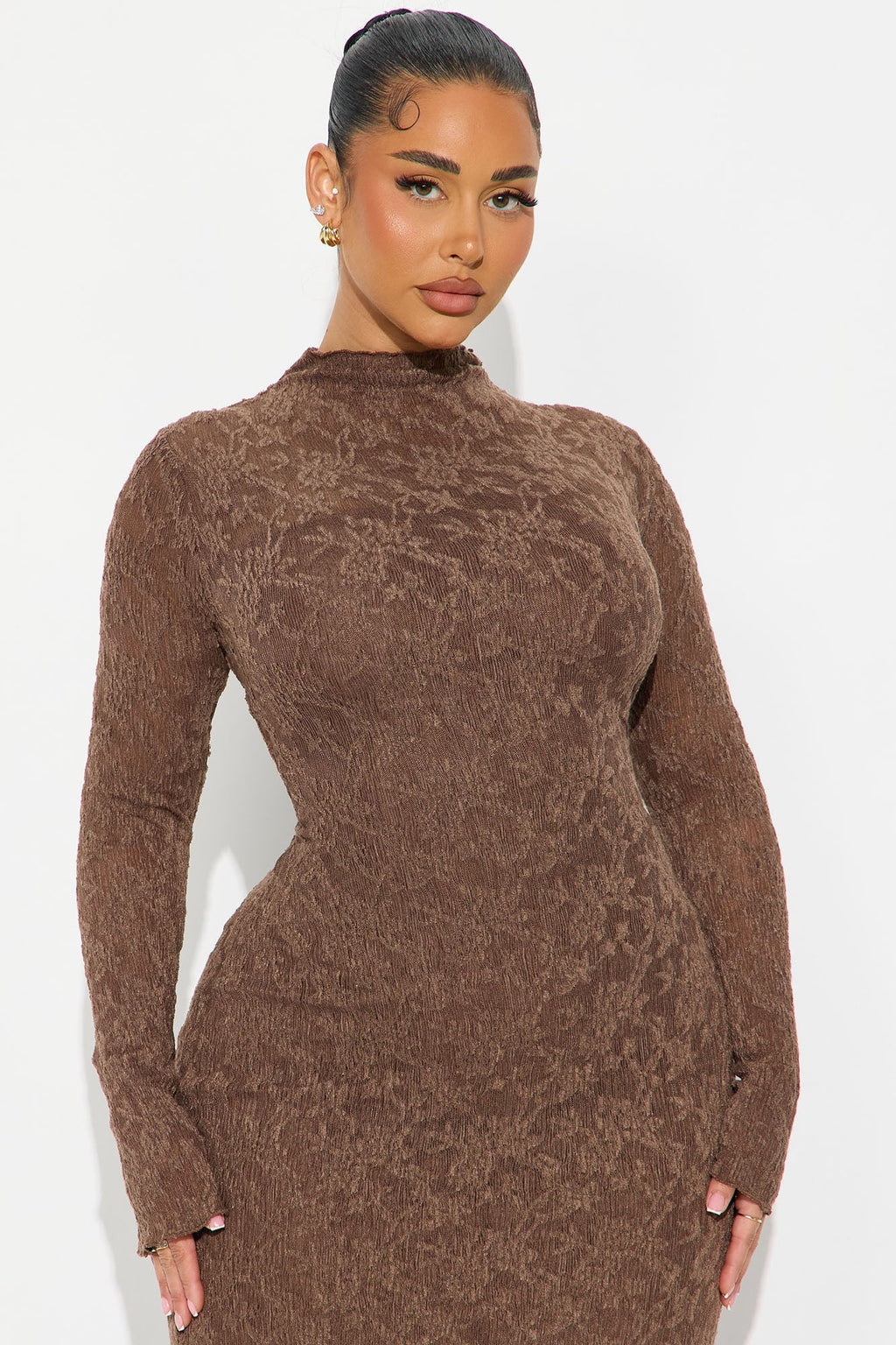 Maia Textured Long Sleeve Maxi Dress - Brown