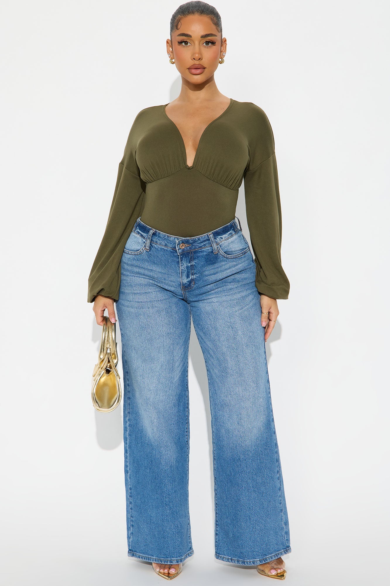 Nola Ruched Long Sleeve Bodysuit - Olive