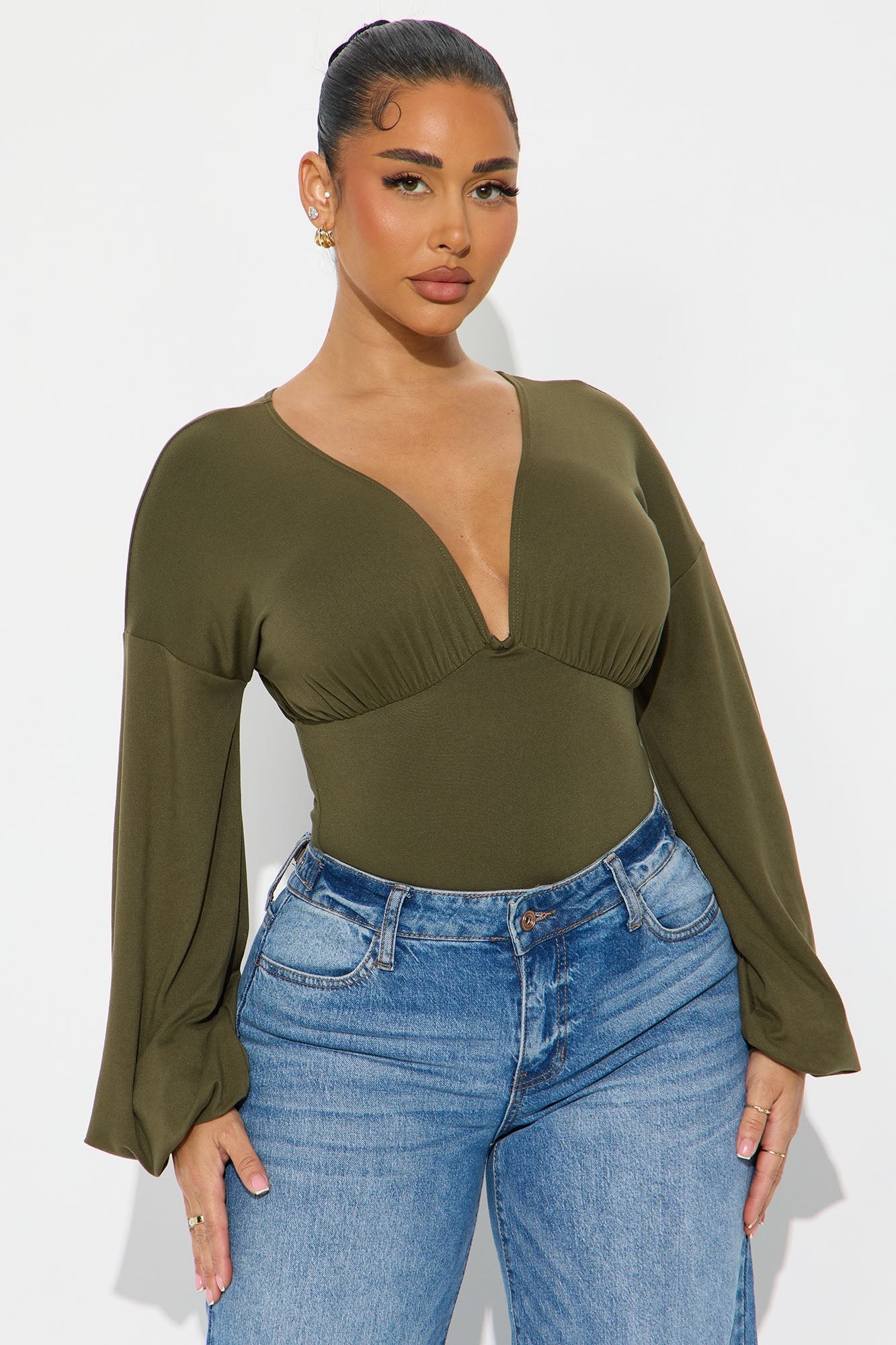 Nola Ruched Long Sleeve Bodysuit - Olive