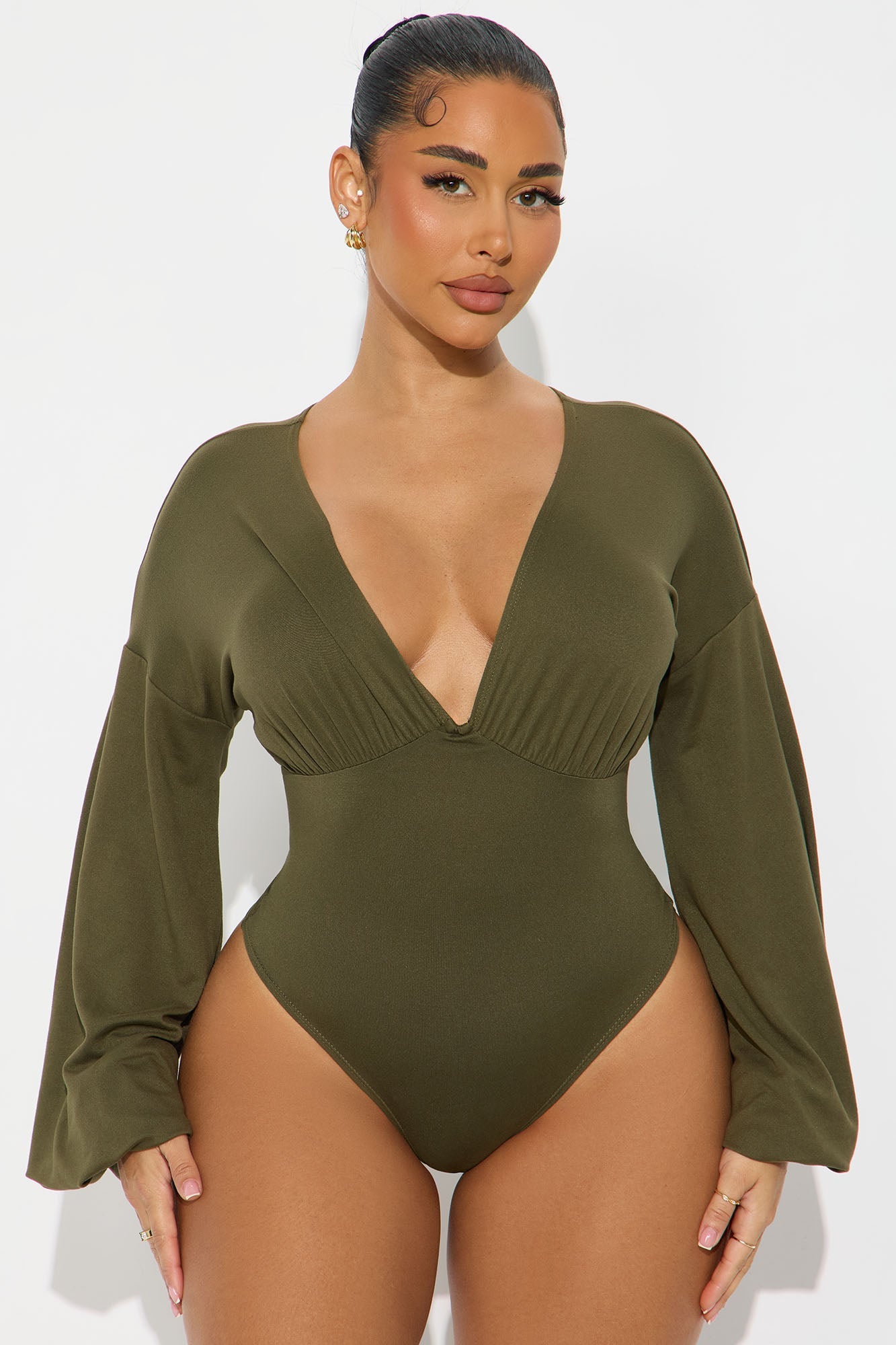 Nola Ruched Long Sleeve Bodysuit - Olive
