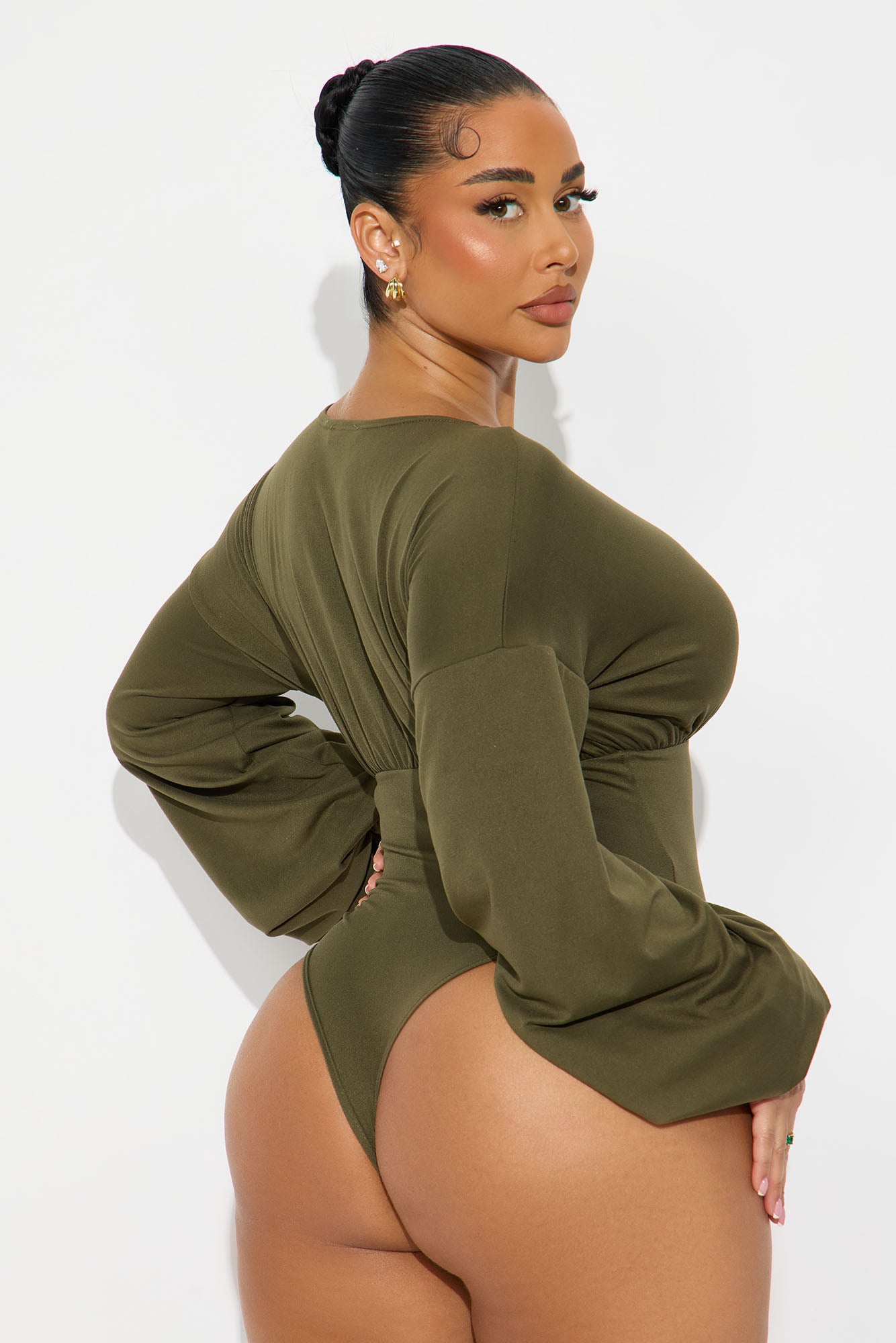 Nola Ruched Long Sleeve Bodysuit - Olive