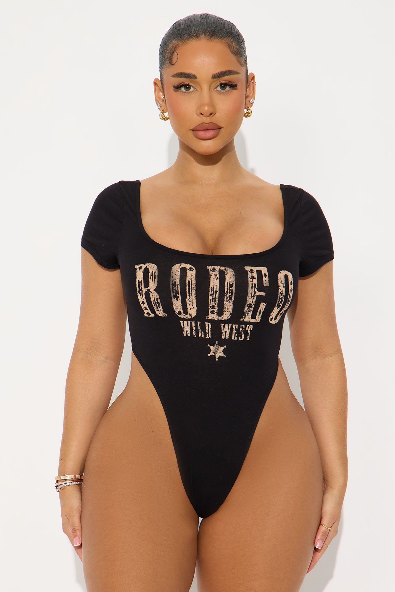 Rodeo Wild West Short Sleeve High Cut Bodysuit - Black